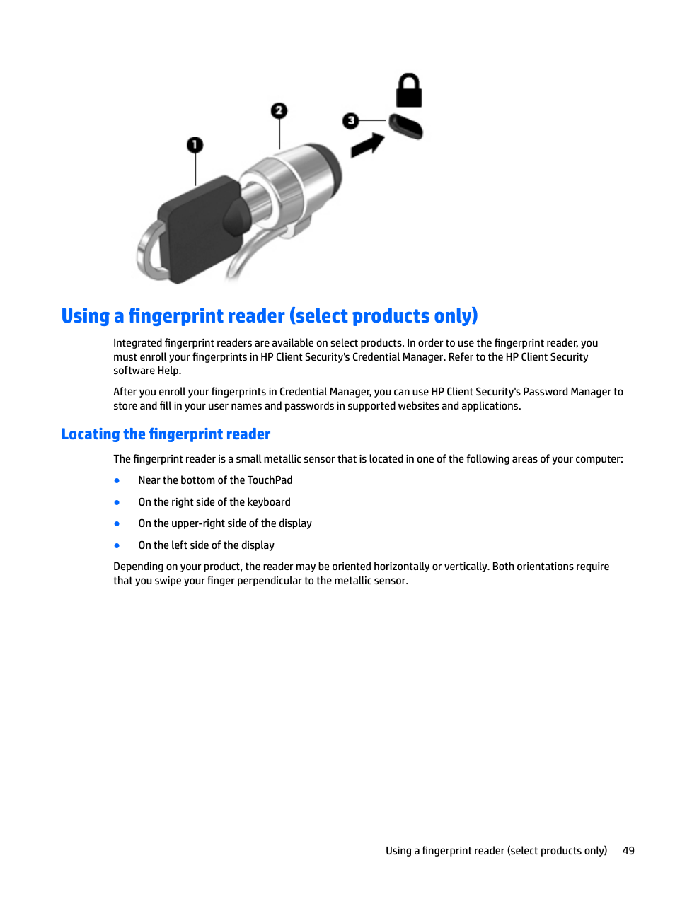 Using a fingerprint reader (select products only), Locating the fingerprint reader | HP EliteBook 840 G3 User Manual | Page 59 / 81