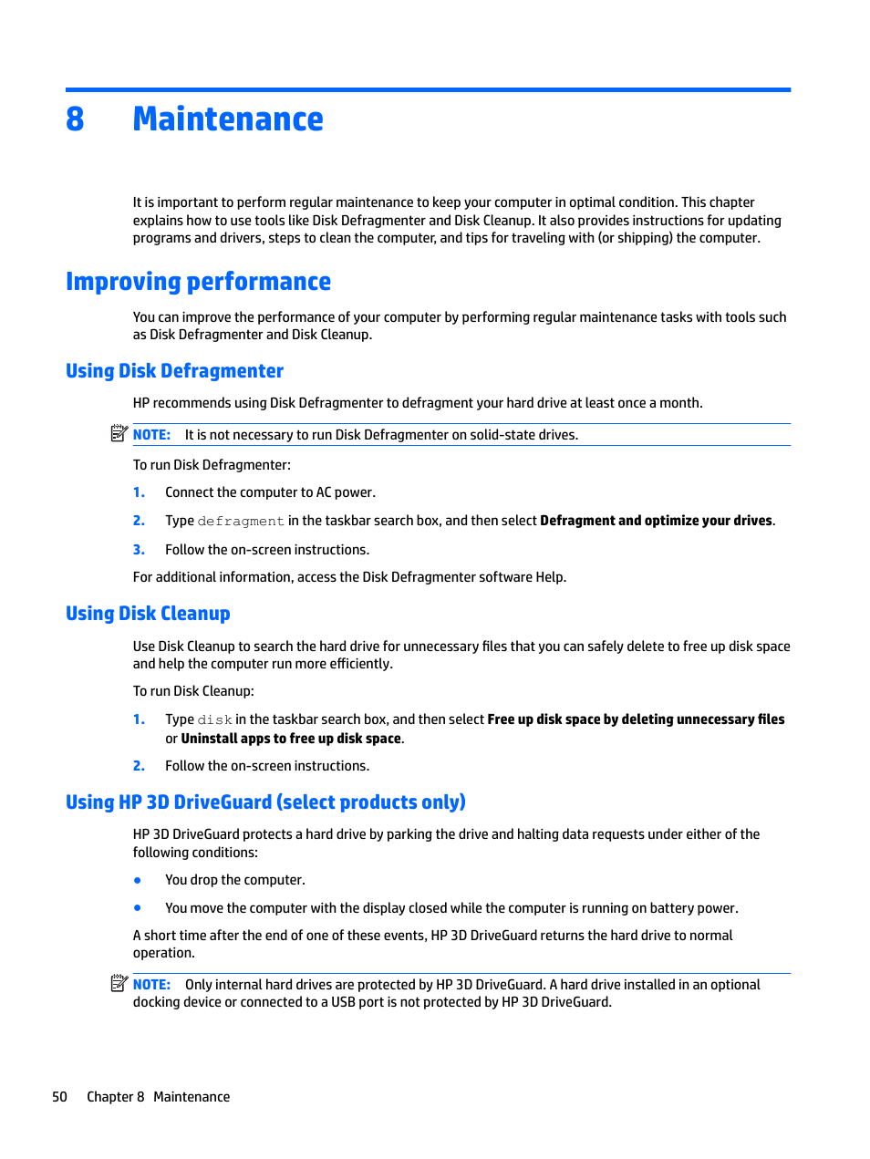 Maintenance, Improving performance, Using disk defragmenter | Using disk cleanup, Using hp 3d driveguard (select products only), 8 maintenance, 8maintenance | HP EliteBook 840 G3 User Manual | Page 60 / 81