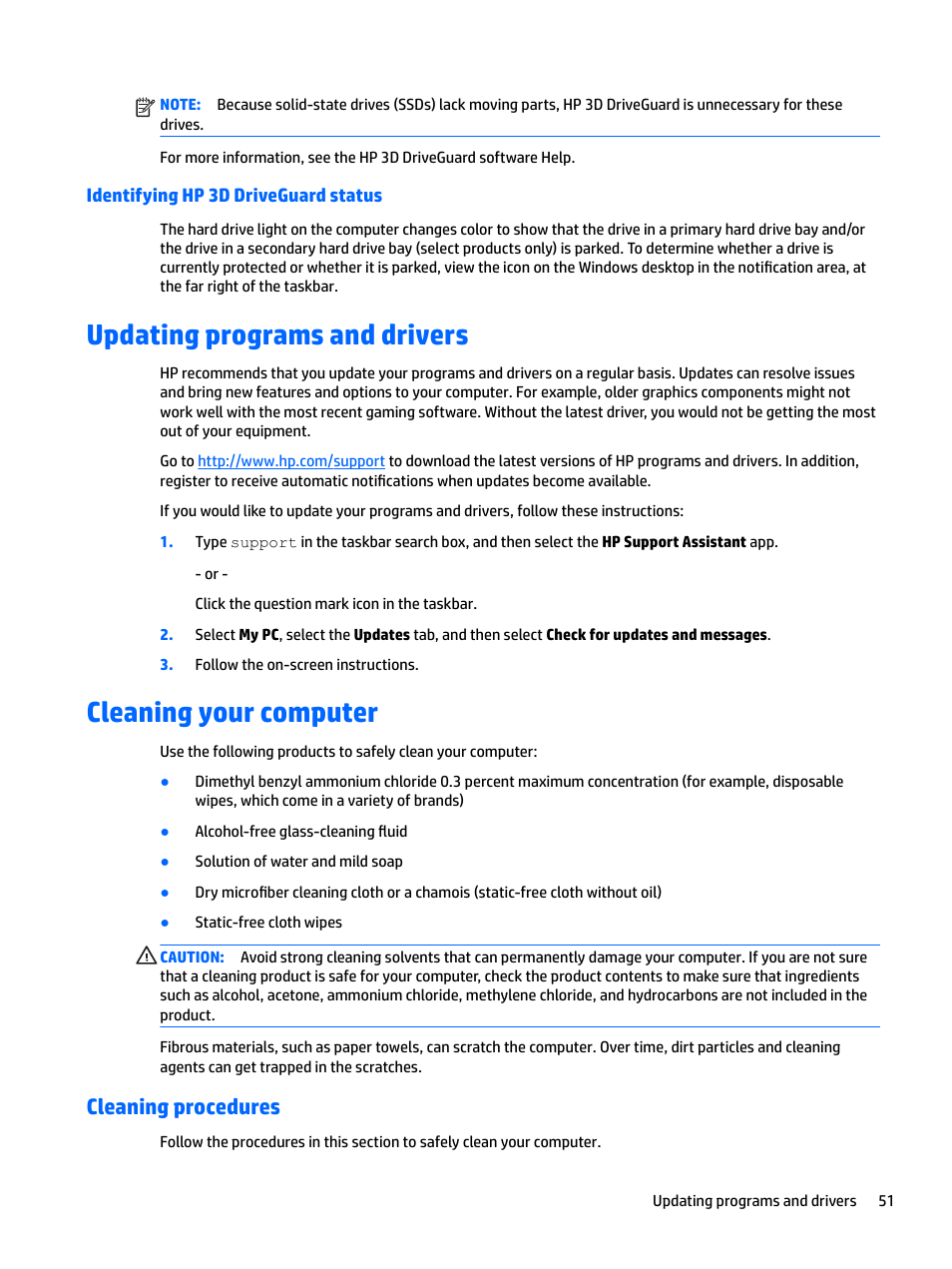 Identifying hp 3d driveguard status, Updating programs and drivers, Cleaning your computer | Cleaning procedures | HP EliteBook 840 G3 User Manual | Page 61 / 81