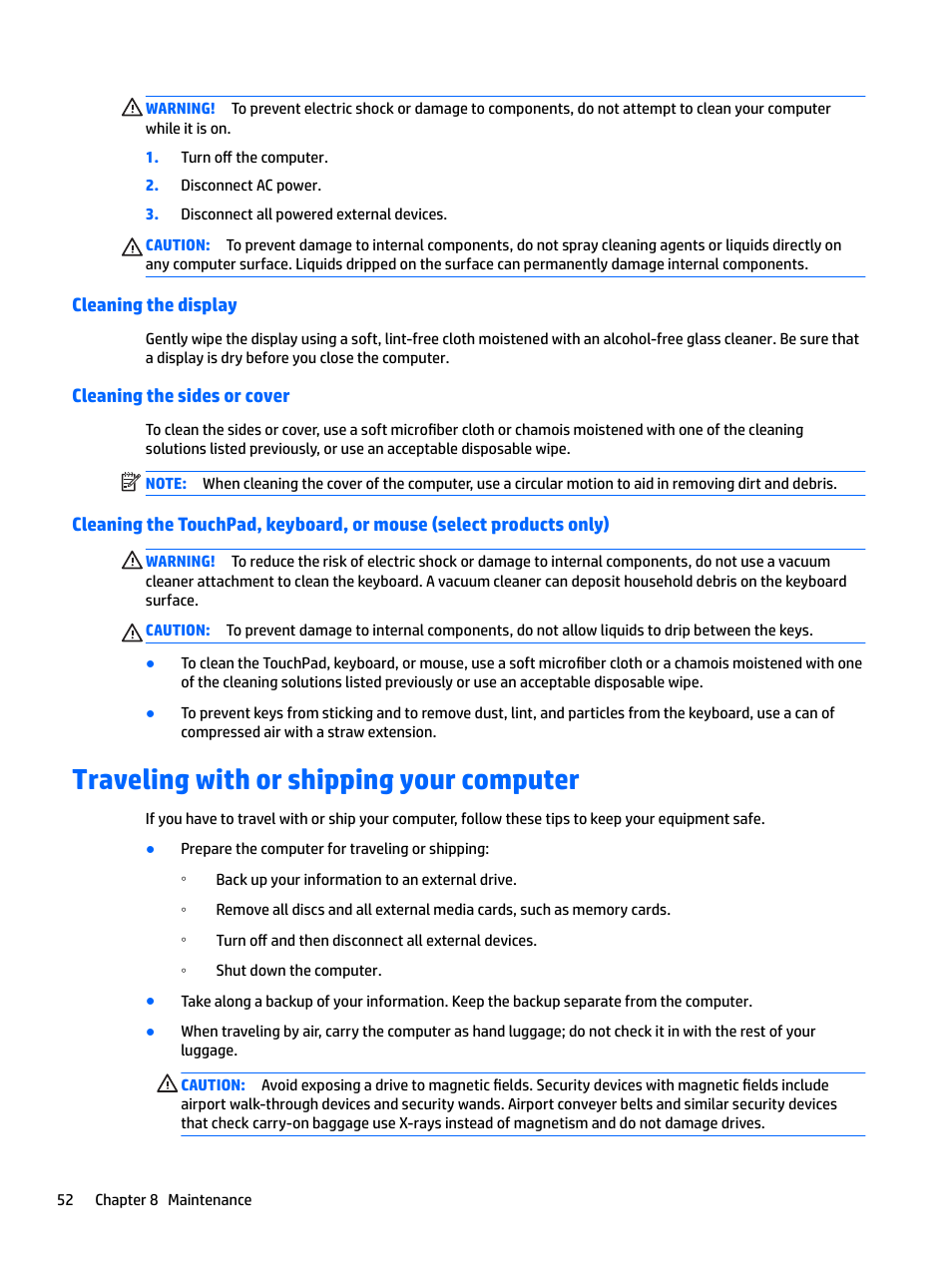 Cleaning the display, Cleaning the sides or cover, Traveling with or shipping your computer | HP EliteBook 840 G3 User Manual | Page 62 / 81