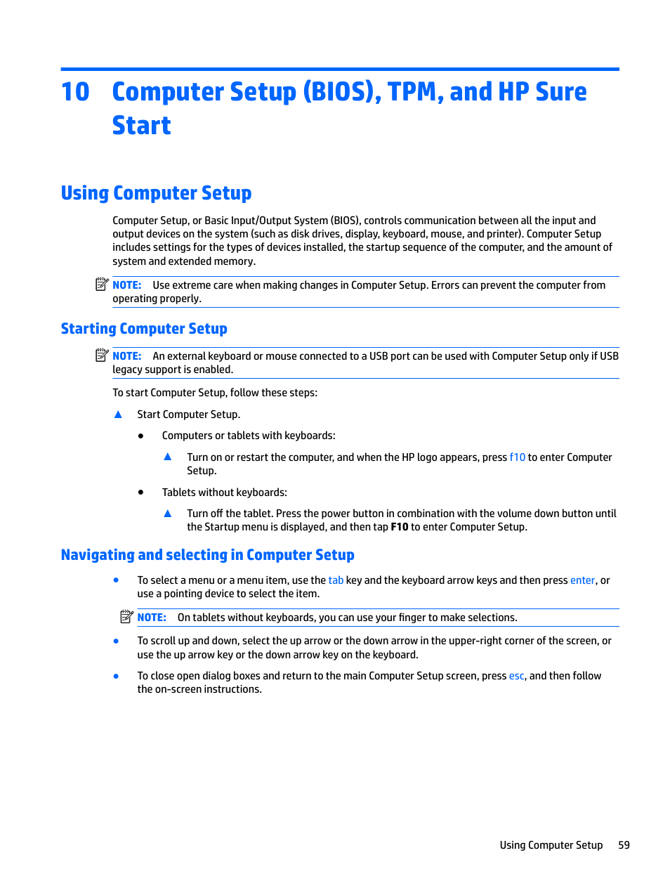 Computer setup (bios), tpm, and hp sure start, Using computer setup, Starting computer setup | Navigating and selecting in computer setup, 10 computer setup (bios), tpm, and hp sure start | HP EliteBook 840 G3 User Manual | Page 69 / 81