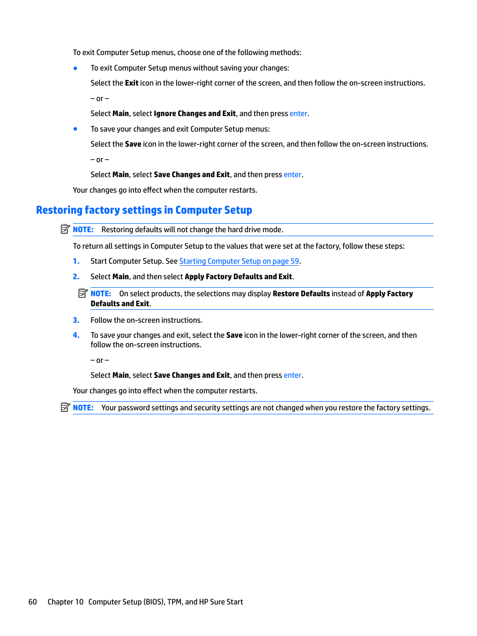 Restoring factory settings in computer setup | HP EliteBook 840 G3 User Manual | Page 70 / 81