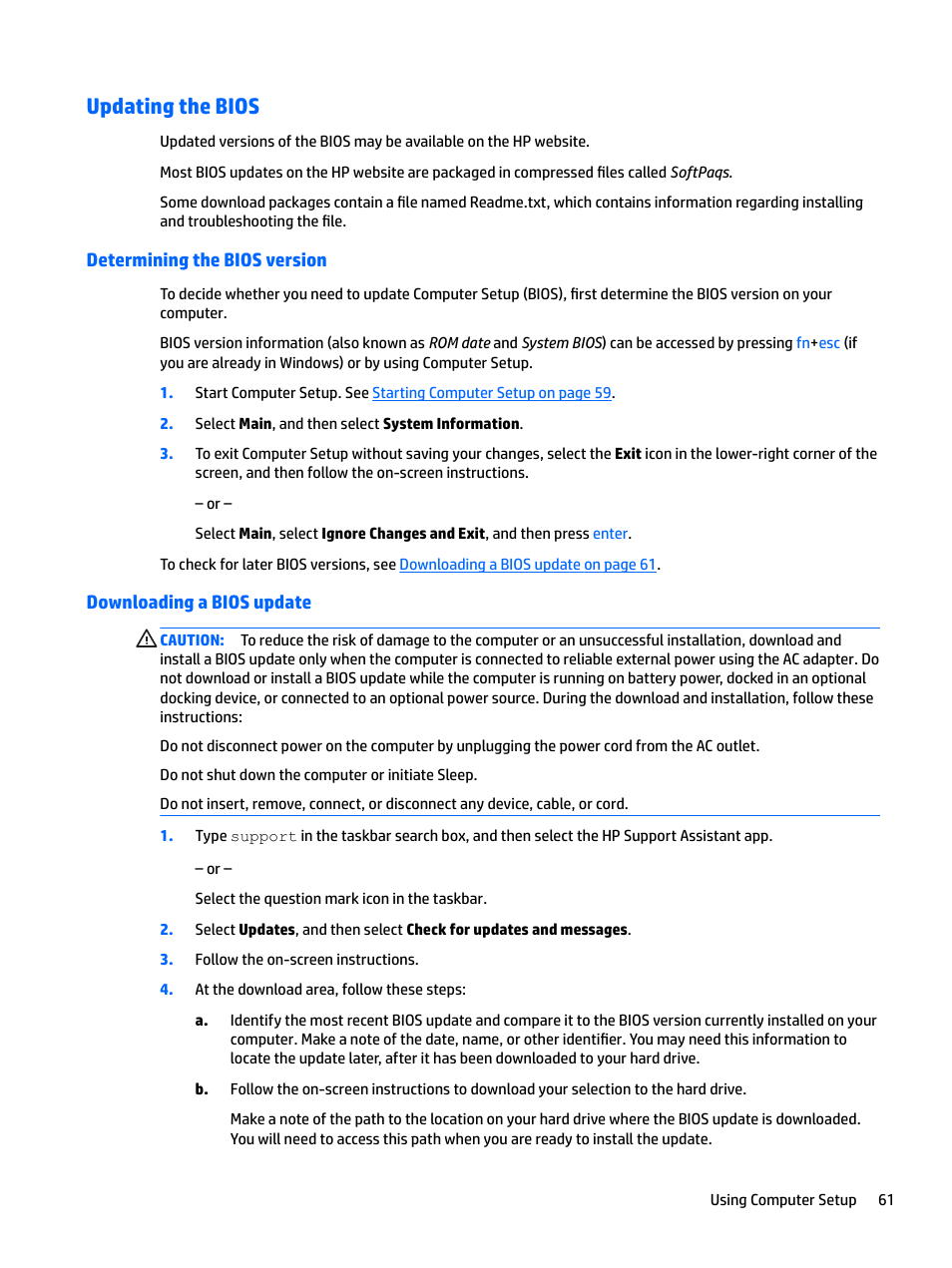 Updating the bios, Determining the bios version, Downloading a bios update | HP EliteBook 840 G3 User Manual | Page 71 / 81