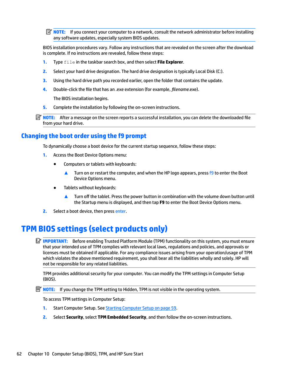 Changing the boot order using the f9 prompt, Tpm bios settings (select products only) | HP EliteBook 840 G3 User Manual | Page 72 / 81