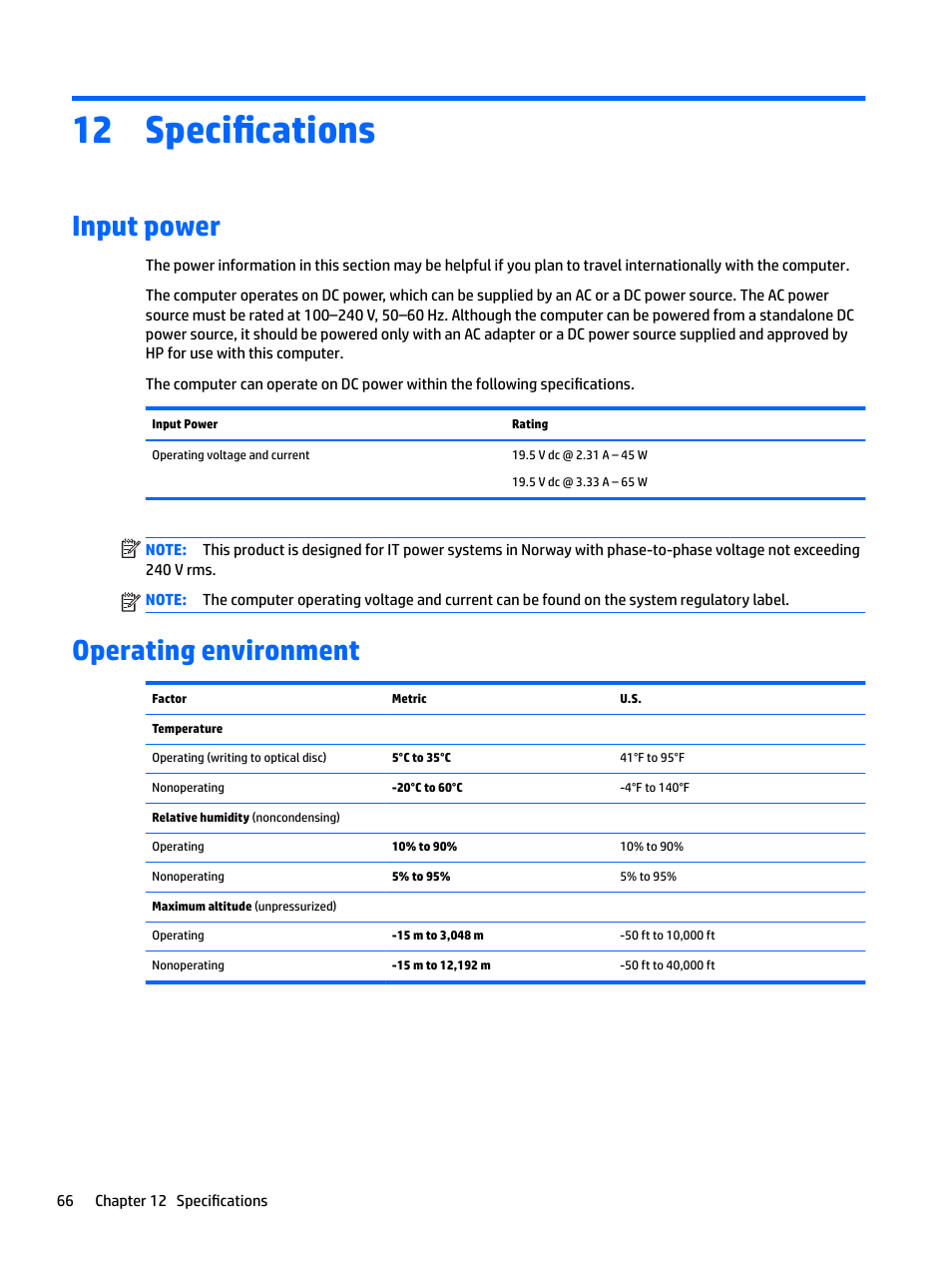 Specifications, Input power, Operating environment | 12 specifications, Input power operating environment | HP EliteBook 840 G3 User Manual | Page 76 / 81