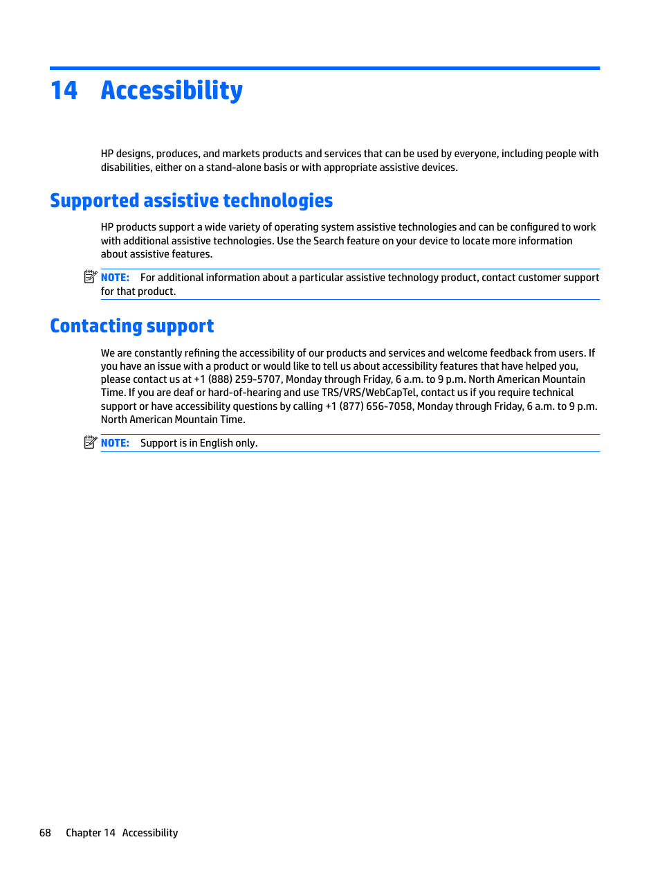 Accessibility, Supported assistive technologies, Contacting support | 14 accessibility | HP EliteBook 840 G3 User Manual | Page 78 / 81