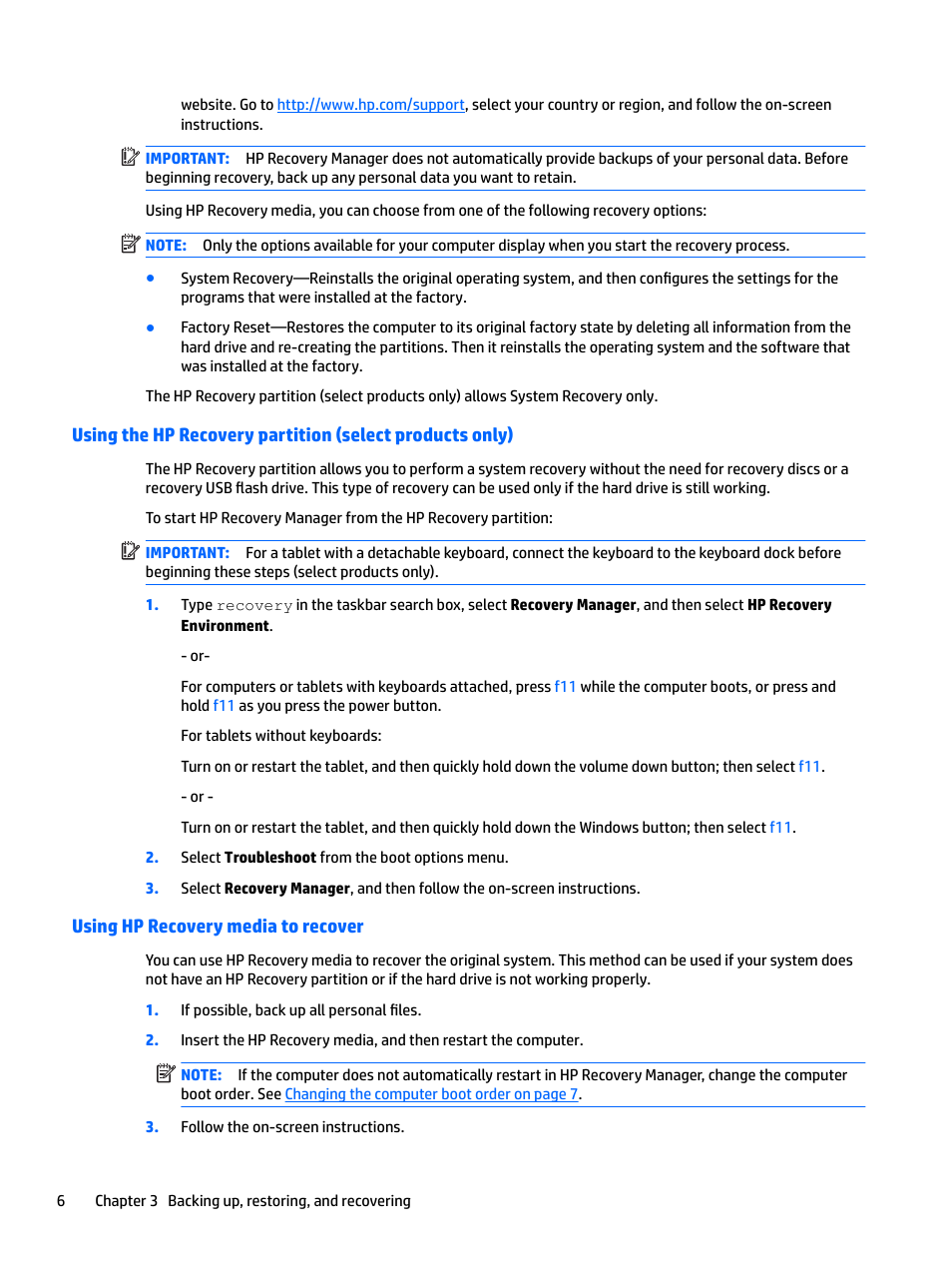 Using hp recovery media to recover | HP EliteBook 840 G3 User Manual | Page 10 / 12