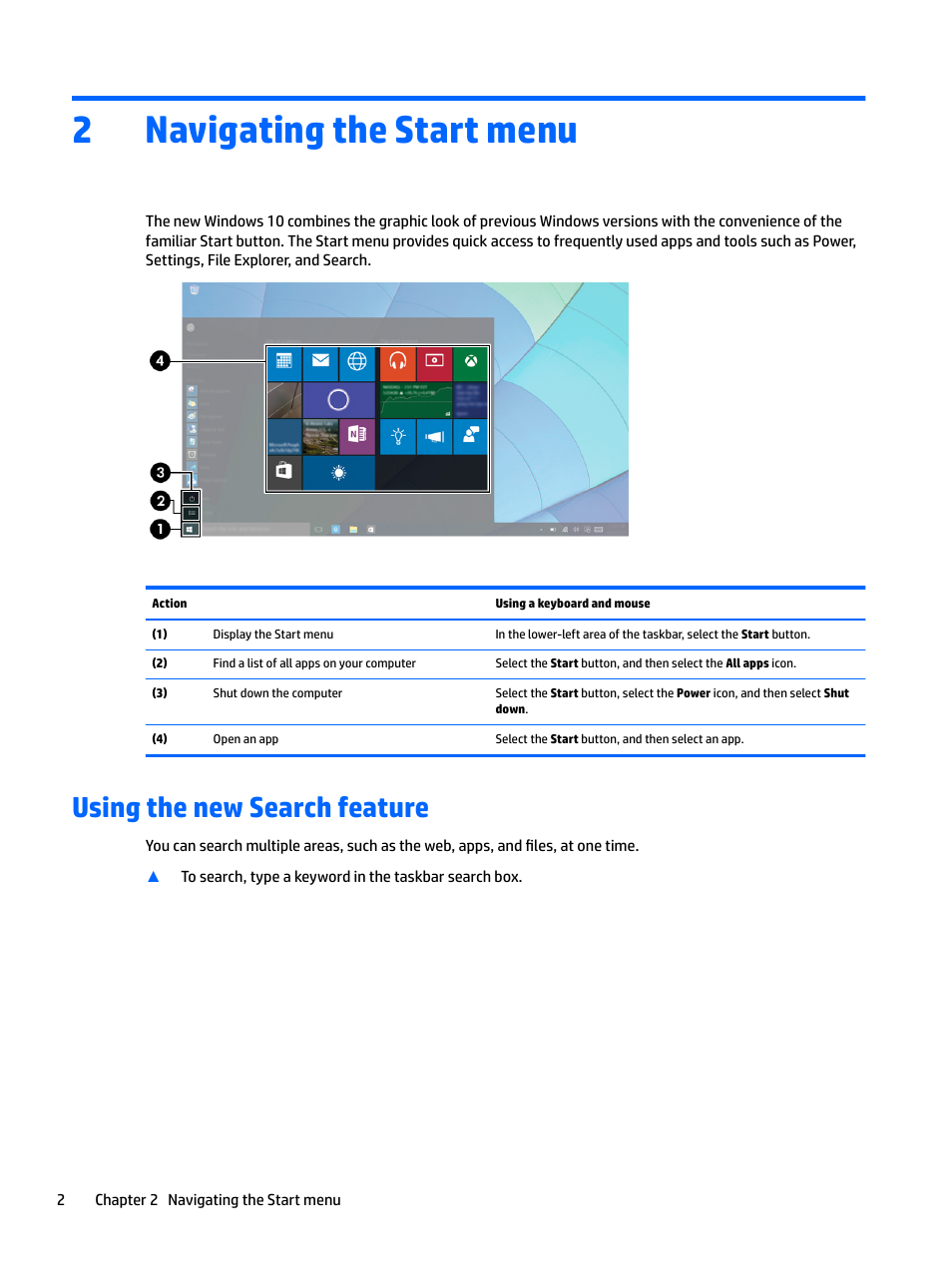 Navigating the start menu, Using the new search feature, 2 navigating the start menu | 2navigating the start menu | HP EliteBook 840 G3 User Manual | Page 6 / 12