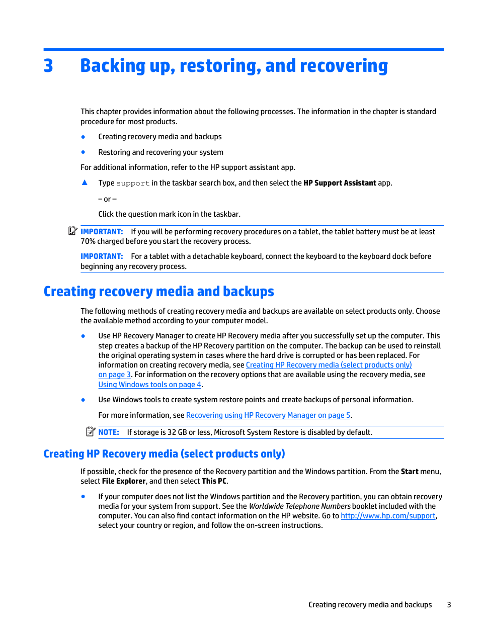 Backing up, restoring, and recovering, Creating recovery media and backups, Creating hp recovery media (select products only) | 3 backing up, restoring, and recovering, 3backing up, restoring, and recovering | HP EliteBook 840 G3 User Manual | Page 7 / 12