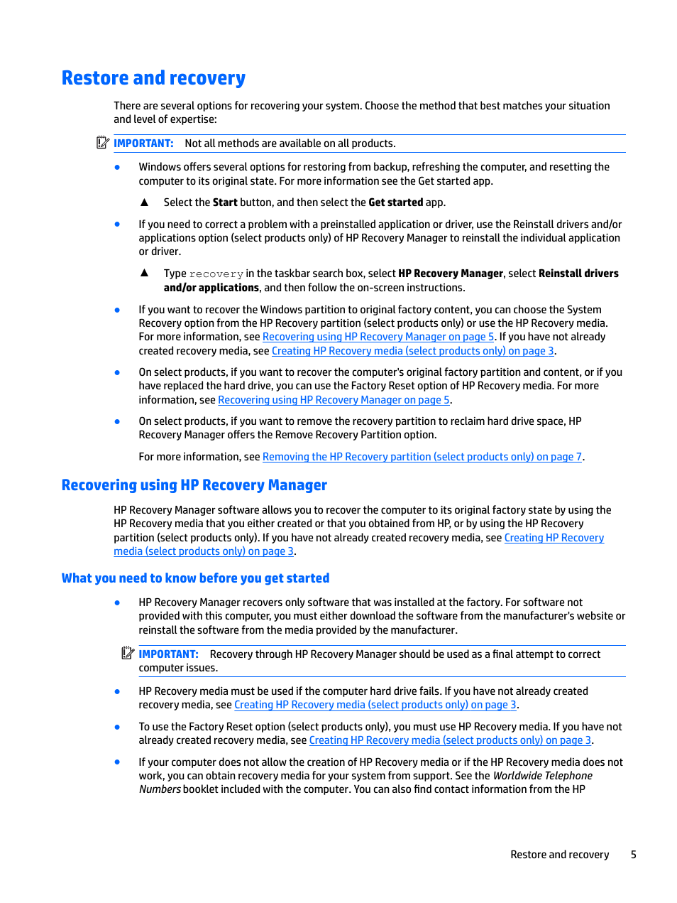 Restore and recovery, Recovering using hp recovery manager, What you need to know before you get started | Tion, see, Em, see | HP EliteBook 840 G3 User Manual | Page 9 / 12