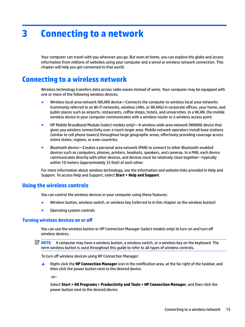 Connecting to a network, Connecting to a wireless network, Using the wireless controls | Turning wireless devices on or off, 3 connecting to a network, Tion, see, 3connecting to a network | HP EliteBook 840 G3 User Manual | Page 25 / 100