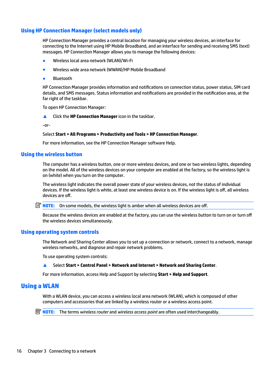 Using hp connection manager (select models only), Using the wireless button, Using operating system controls | Using a wlan | HP EliteBook 840 G3 User Manual | Page 26 / 100