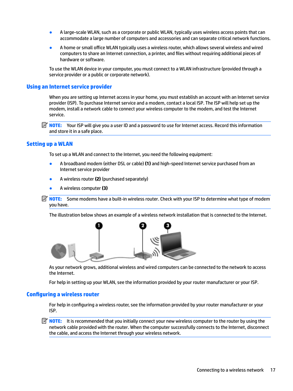 Using an internet service provider, Setting up a wlan, Configuring a wireless router | HP EliteBook 840 G3 User Manual | Page 27 / 100