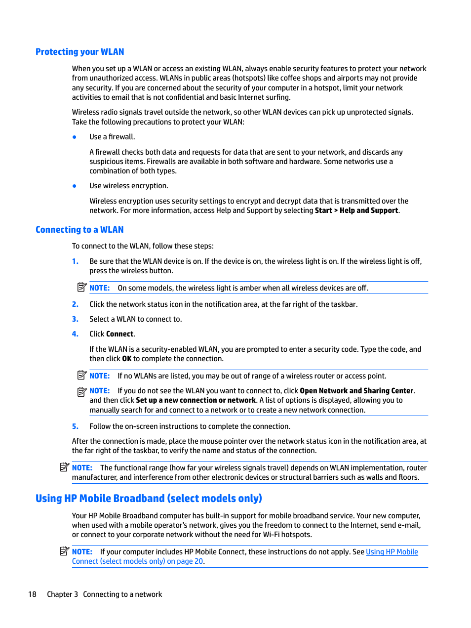 Protecting your wlan, Connecting to a wlan, Using hp mobile broadband (select models only) | Protecting your wlan connecting to a wlan | HP EliteBook 840 G3 User Manual | Page 28 / 100