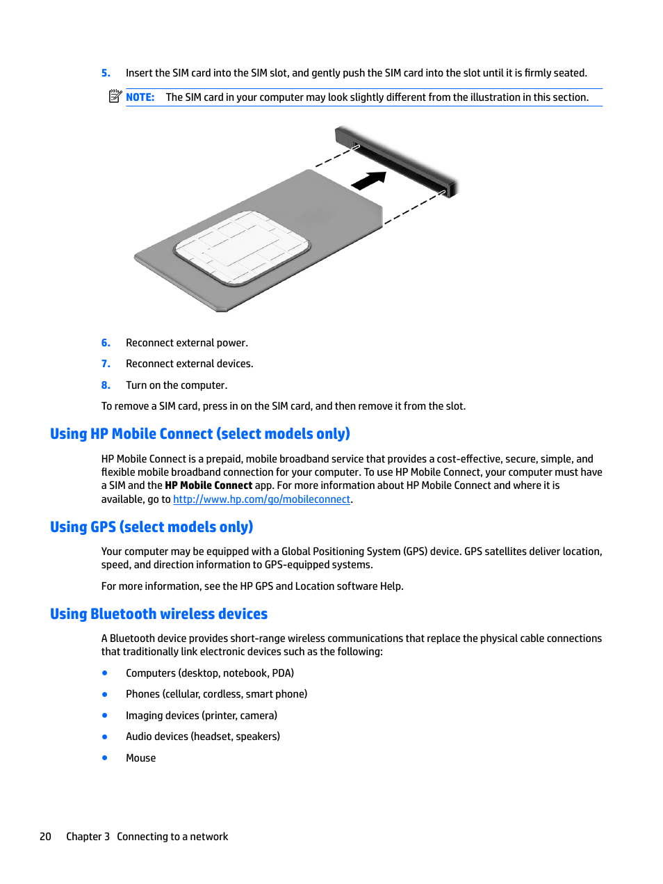 Using hp mobile connect (select models only), Using gps (select models only), Using bluetooth wireless devices | HP EliteBook 840 G3 User Manual | Page 30 / 100