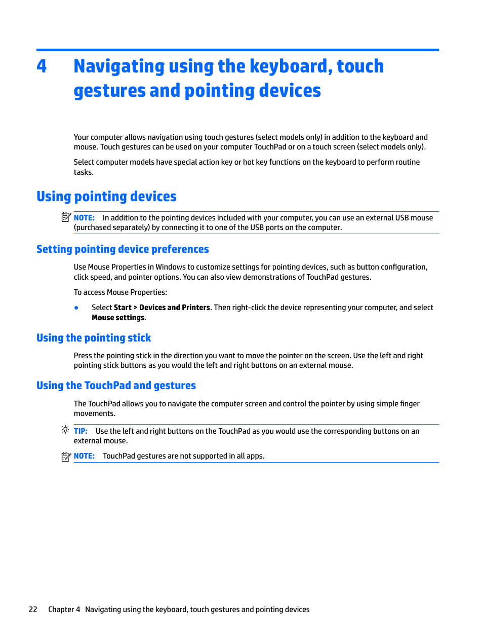 Using pointing devices, Setting pointing device preferences, Using the pointing stick | Using the touchpad and gestures | HP EliteBook 840 G3 User Manual | Page 32 / 100