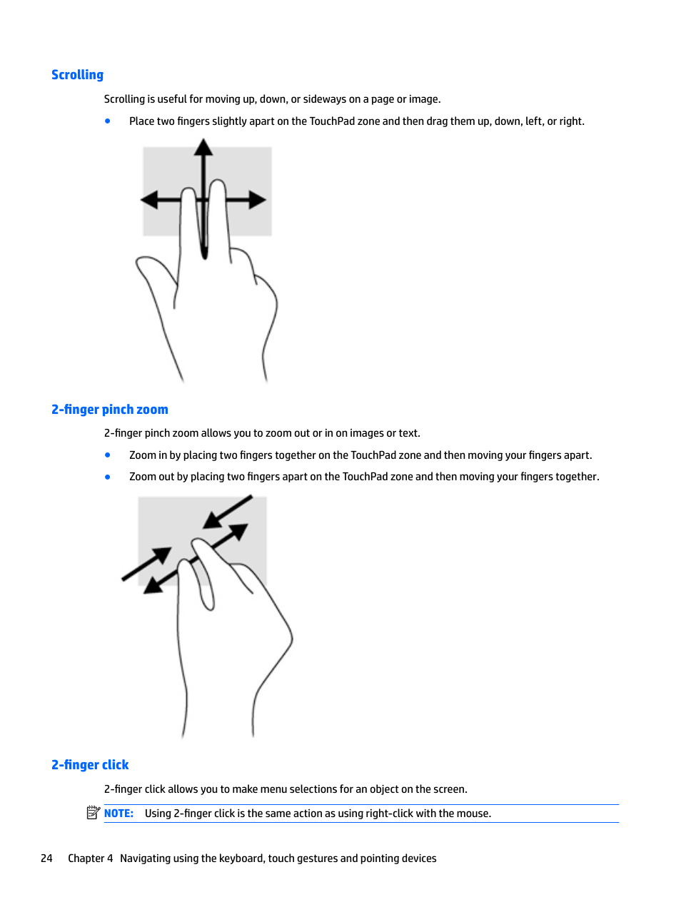 Scrolling, Finger pinch zoom, Finger click | Scrolling 2-finger pinch zoom 2-finger click | HP EliteBook 840 G3 User Manual | Page 34 / 100