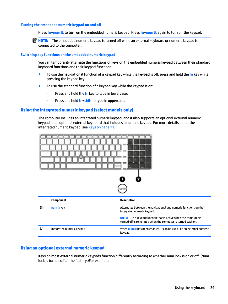 Turning the embedded numeric keypad on and off, Using an optional external numeric keypad | HP EliteBook 840 G3 User Manual | Page 39 / 100