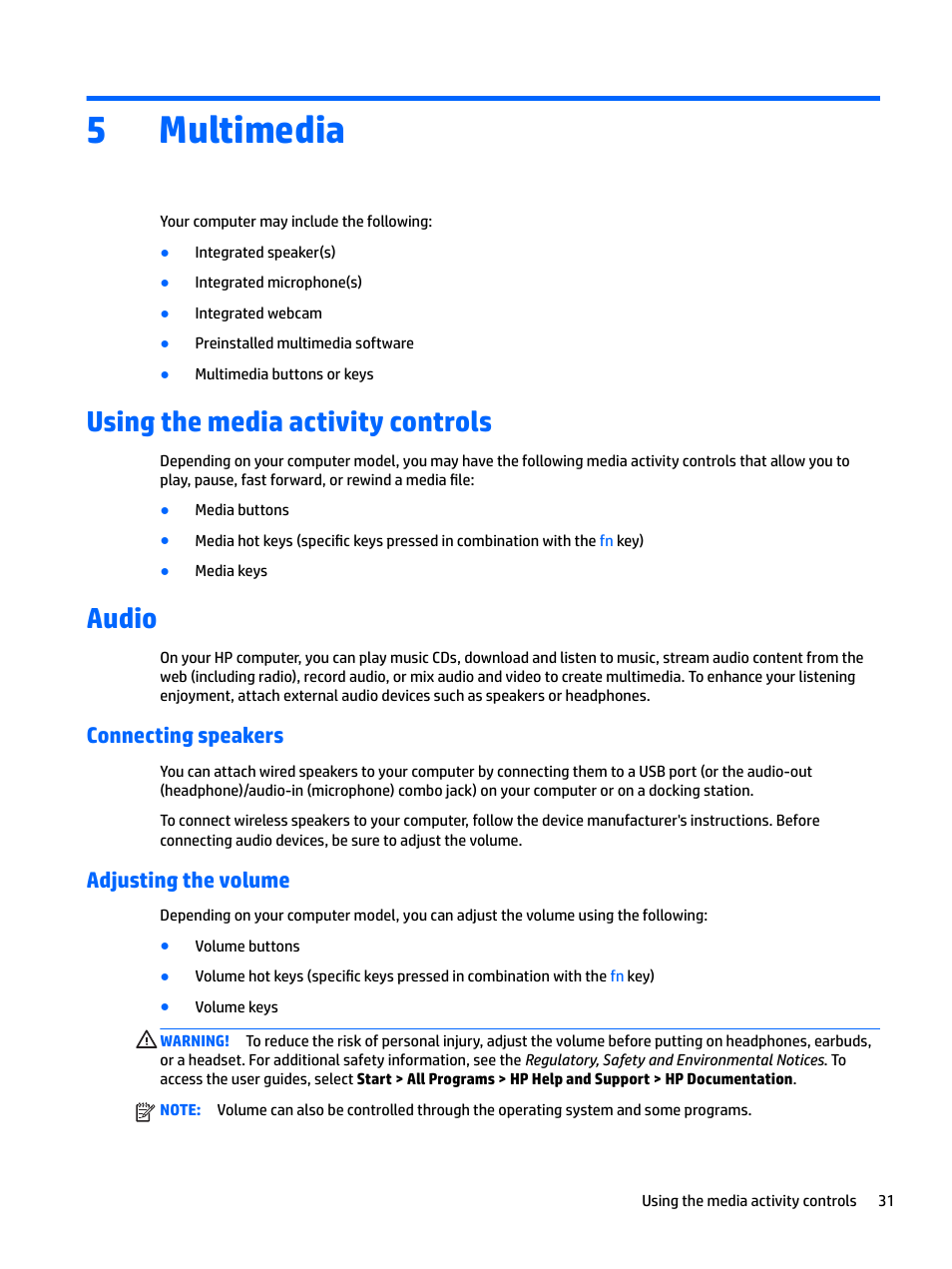 Multimedia, Using the media activity controls, Audio | Connecting speakers, Adjusting the volume, 5 multimedia, Using the media activity controls audio, Connecting speakers adjusting the volume, 5multimedia | HP EliteBook 840 G3 User Manual | Page 41 / 100