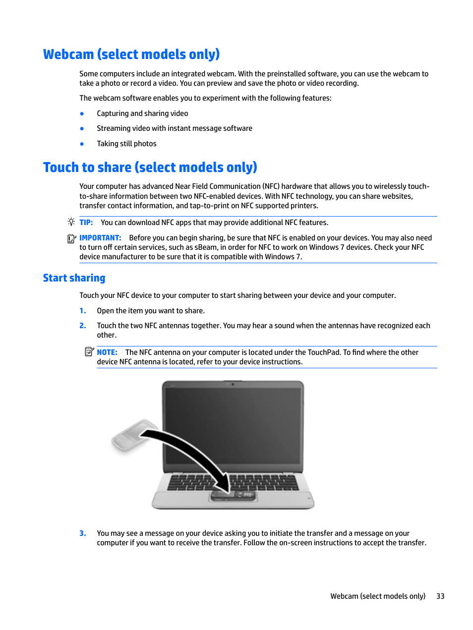 Webcam (select models only), Touch to share (select models only), Start sharing | HP EliteBook 840 G3 User Manual | Page 43 / 100