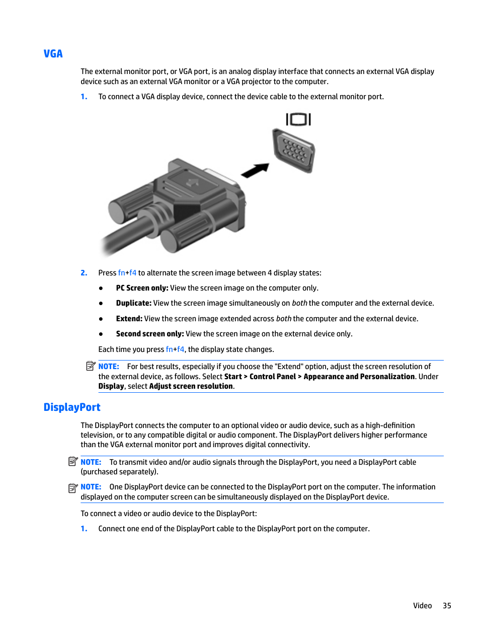 Displayport, Vga displayport | HP EliteBook 840 G3 User Manual | Page 45 / 100