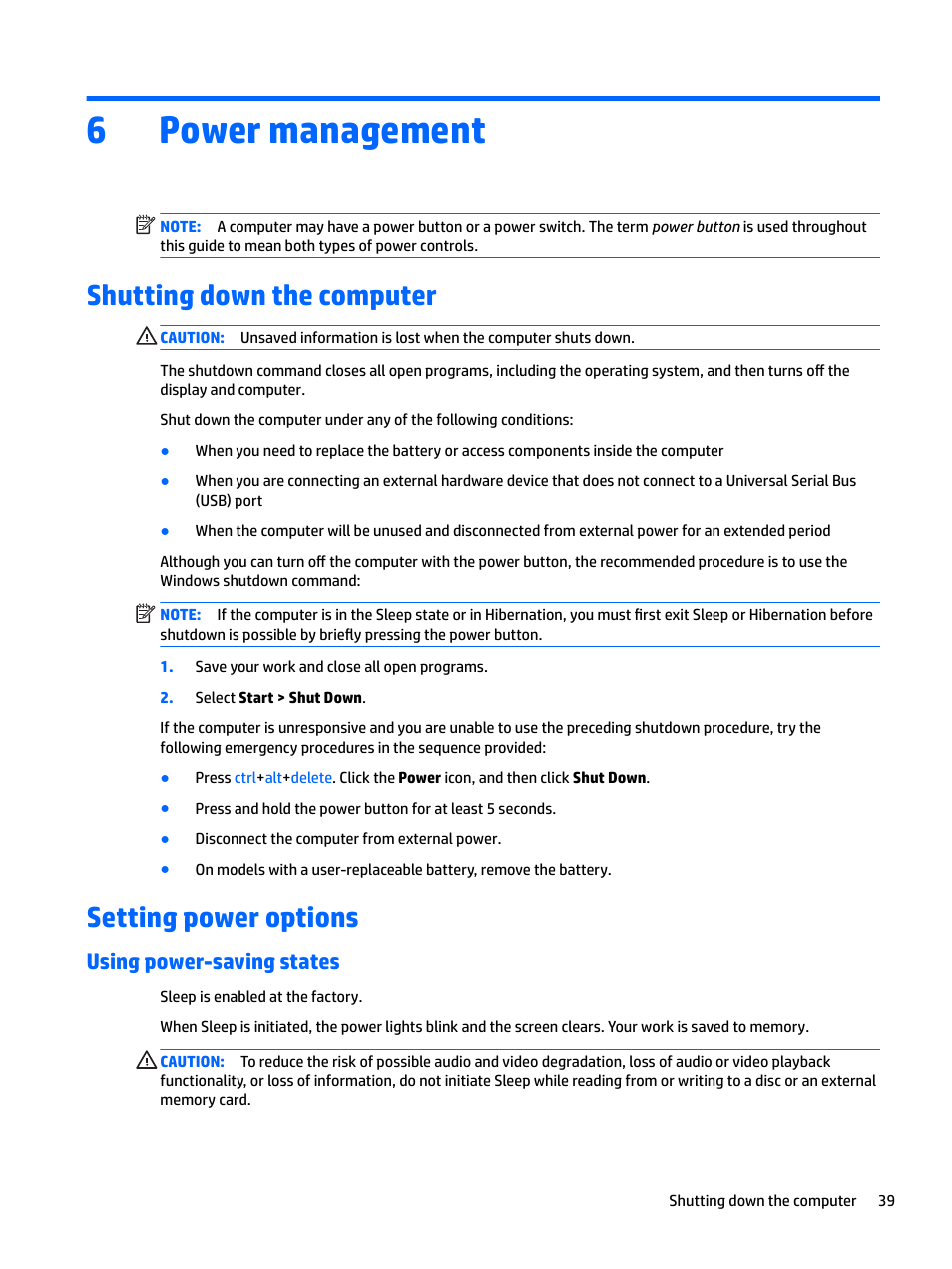 Power management, Shutting down the computer, Setting power options | Using power-saving states, 6 power management, Shutting down the computer setting power options, 6power management | HP EliteBook 840 G3 User Manual | Page 49 / 100