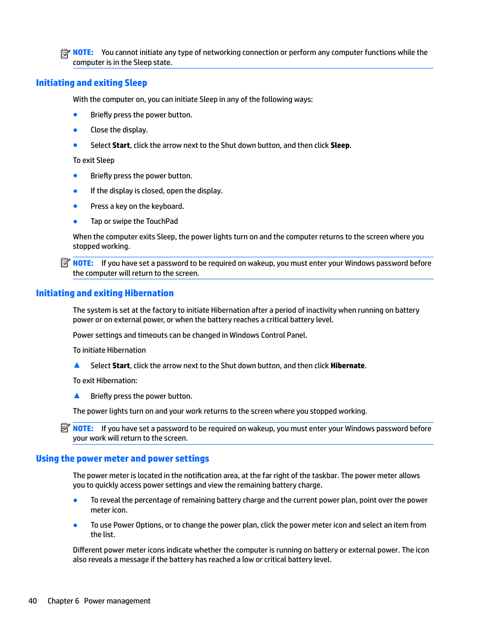 Initiating and exiting sleep, Initiating and exiting hibernation, Using the power meter and power settings | HP EliteBook 840 G3 User Manual | Page 50 / 100