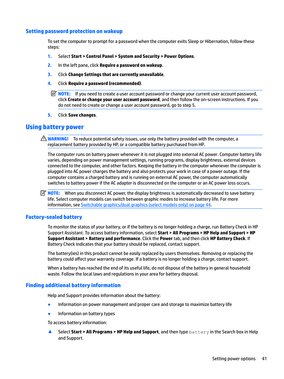 Setting password protection on wakeup, Using battery power, Factory-sealed battery | Finding additional battery information | HP EliteBook 840 G3 User Manual | Page 51 / 100