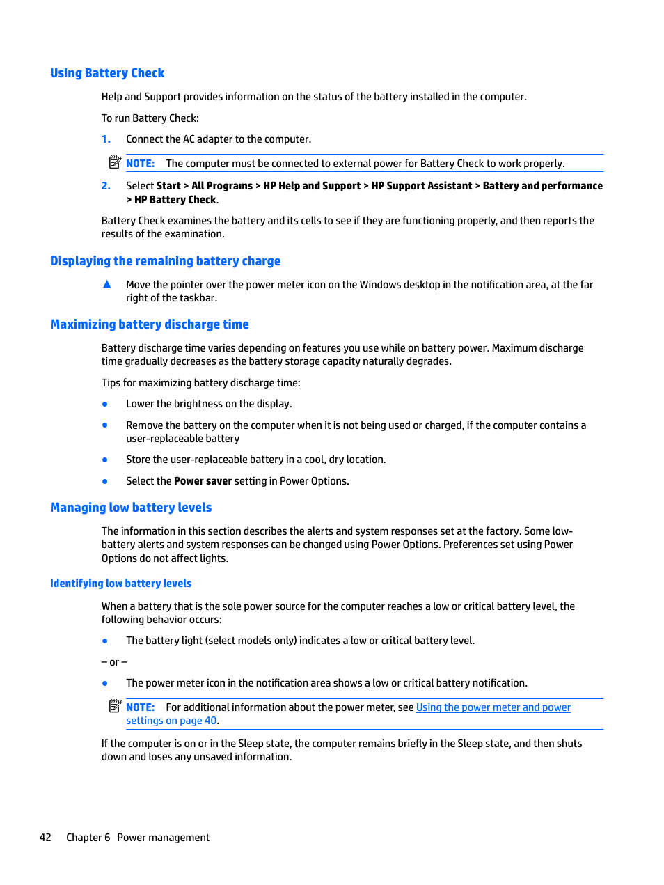 Using battery check, Displaying the remaining battery charge, Maximizing battery discharge time | Managing low battery levels, Identifying low battery levels | HP EliteBook 840 G3 User Manual | Page 52 / 100