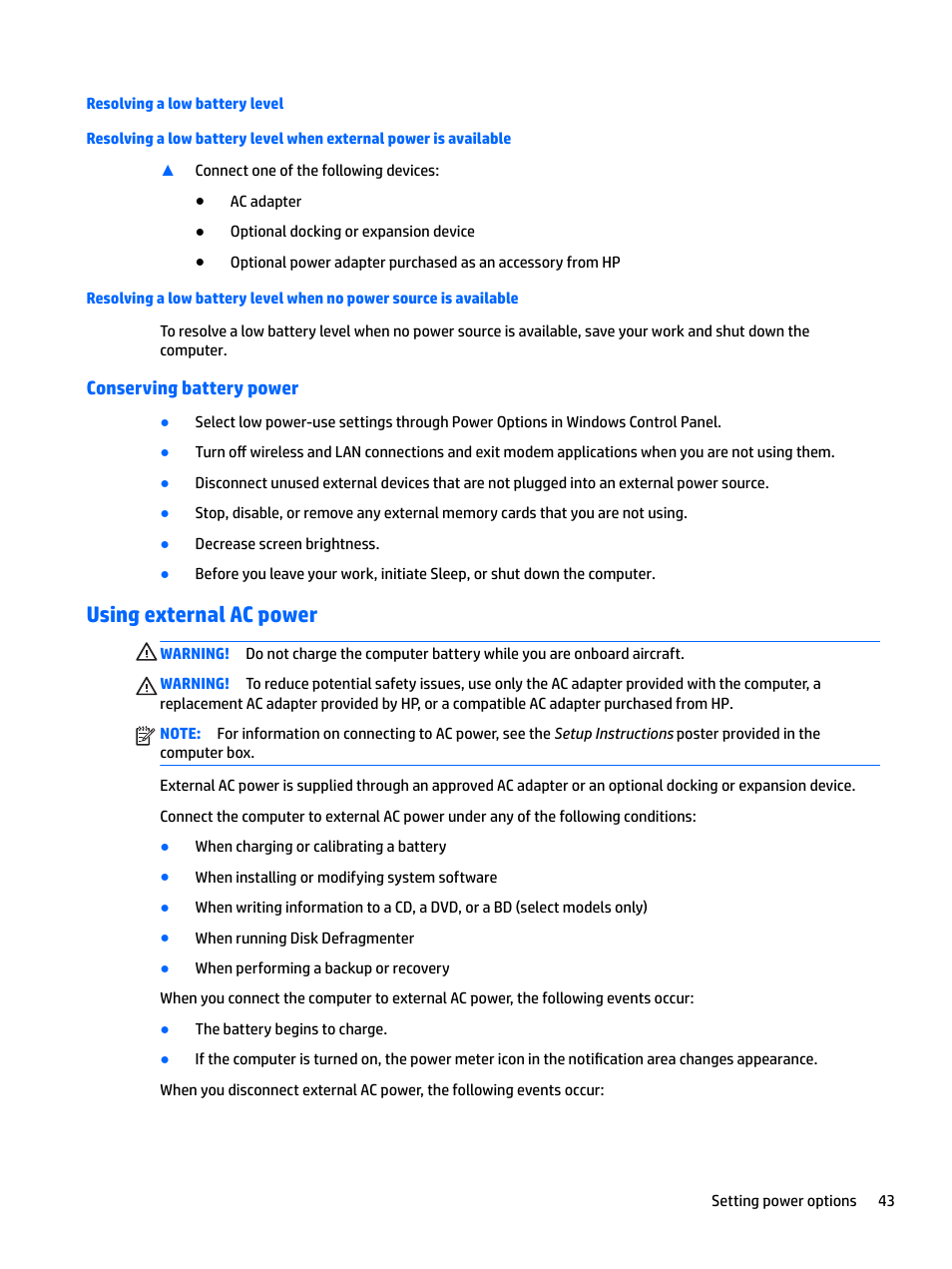 Resolving a low battery level, Conserving battery power, Using external ac power | HP EliteBook 840 G3 User Manual | Page 53 / 100