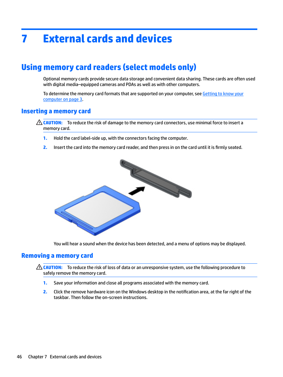 External cards and devices, Using memory card readers (select models only), Inserting a memory card | Removing a memory card, 7 external cards and devices, Inserting a memory card removing a memory card, 7external cards and devices | HP EliteBook 840 G3 User Manual | Page 56 / 100