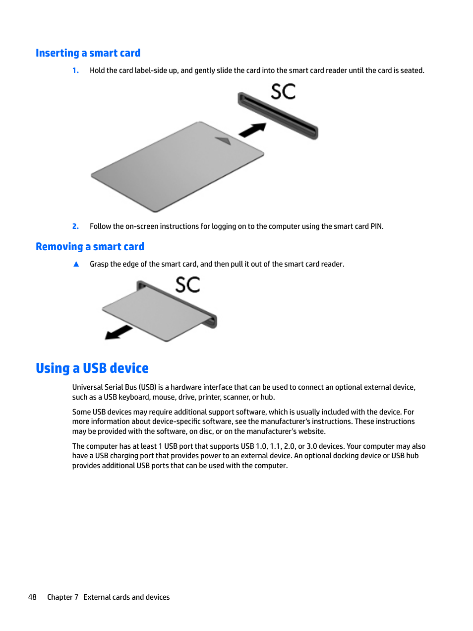 Inserting a smart card, Removing a smart card, Using a usb device | Inserting a smart card removing a smart card | HP EliteBook 840 G3 User Manual | Page 58 / 100