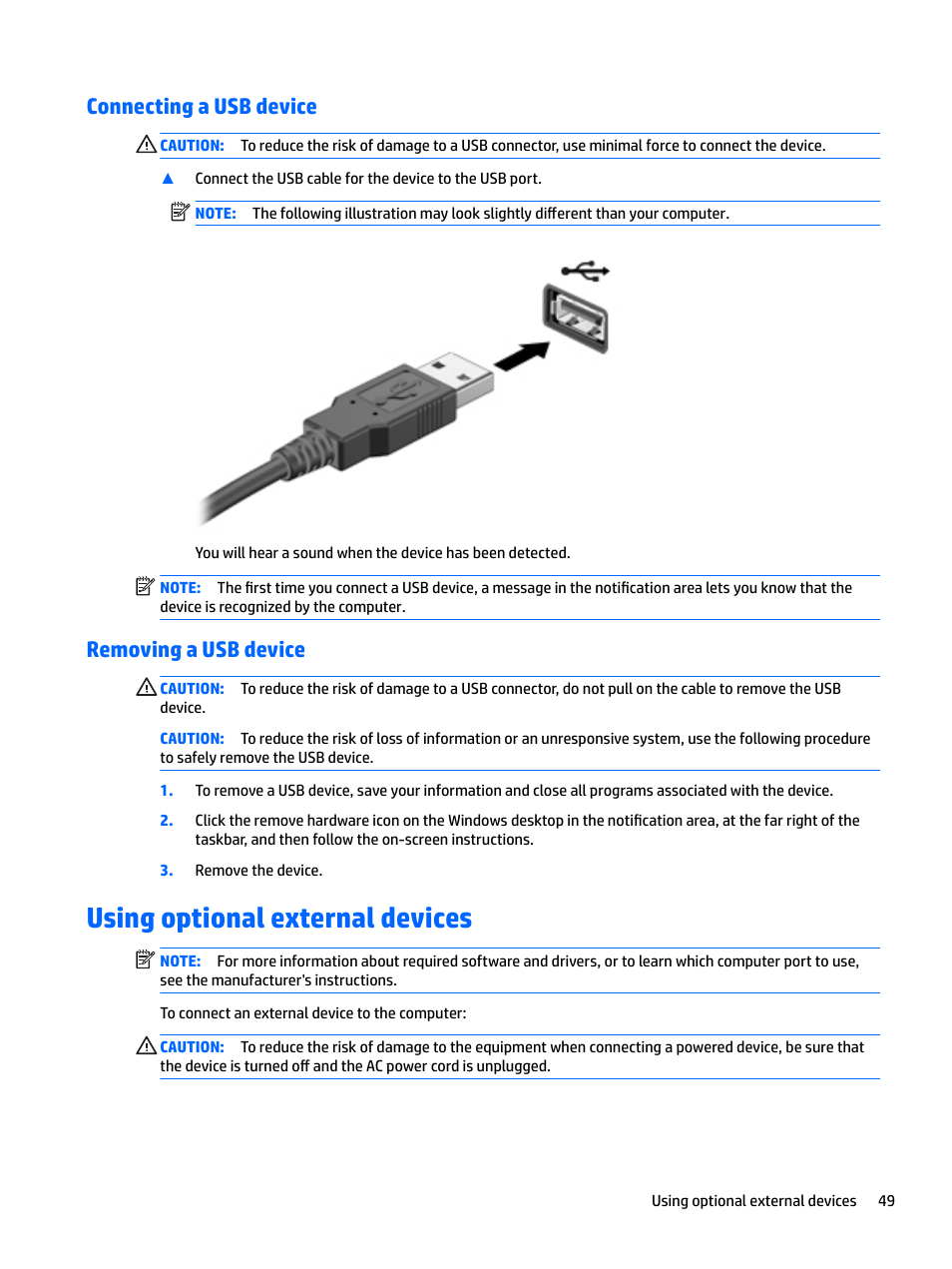 Connecting a usb device, Removing a usb device, Using optional external devices | Connecting a usb device removing a usb device | HP EliteBook 840 G3 User Manual | Page 59 / 100