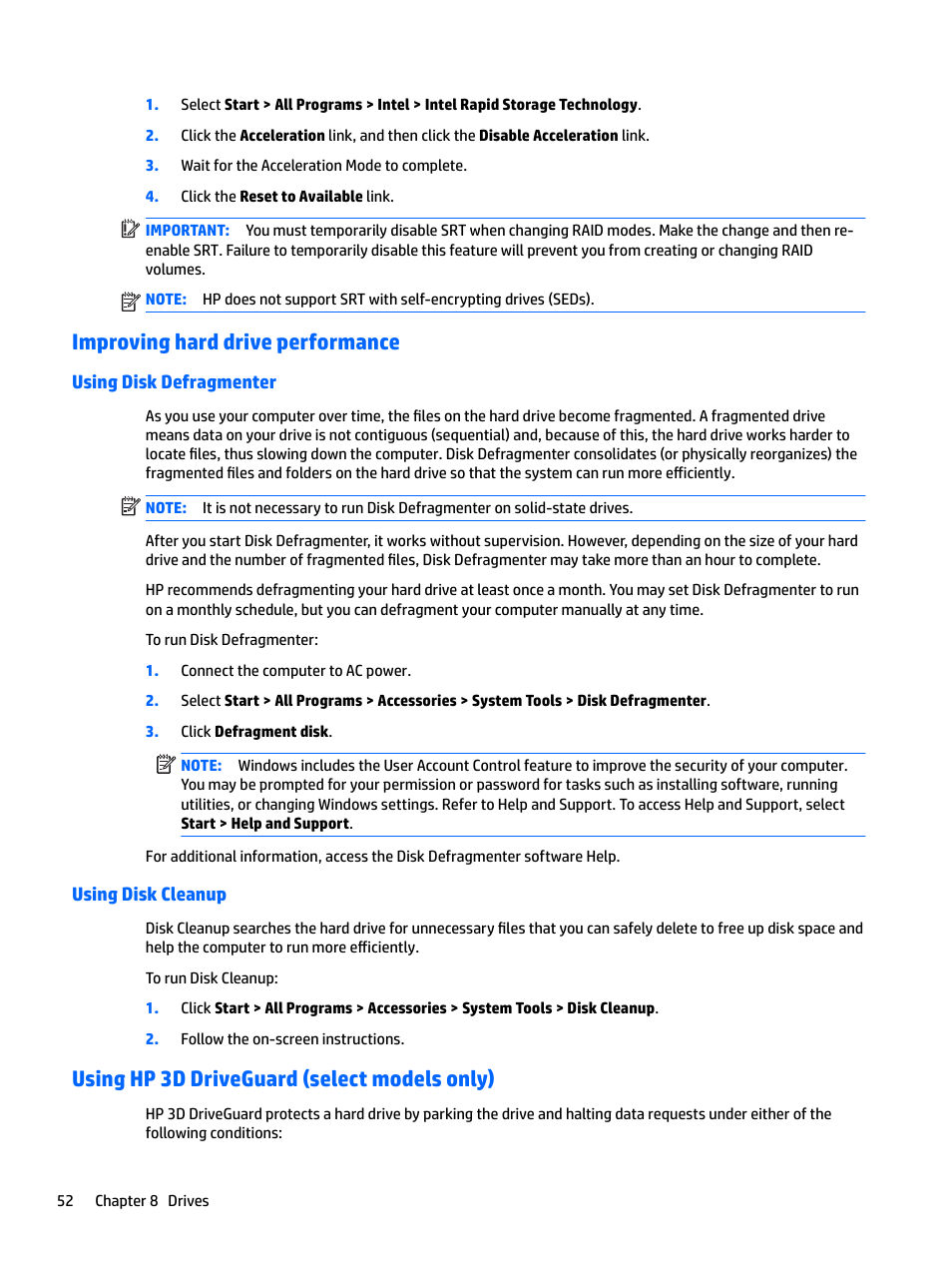 Improving hard drive performance, Using disk defragmenter, Using disk cleanup | Using hp 3d driveguard (select models only), Using disk defragmenter using disk cleanup | HP EliteBook 840 G3 User Manual | Page 62 / 100