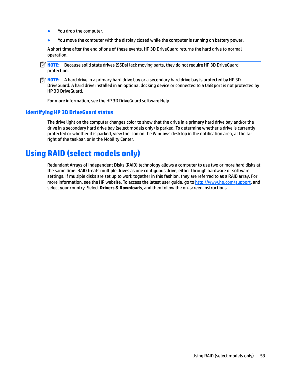 Identifying hp 3d driveguard status, Using raid (select models only) | HP EliteBook 840 G3 User Manual | Page 63 / 100