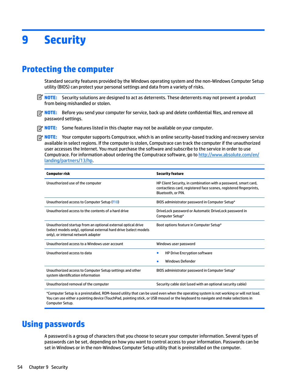 Security, Protecting the computer, Using passwords | 9 security, Protecting the computer using passwords, 9security | HP EliteBook 840 G3 User Manual | Page 64 / 100