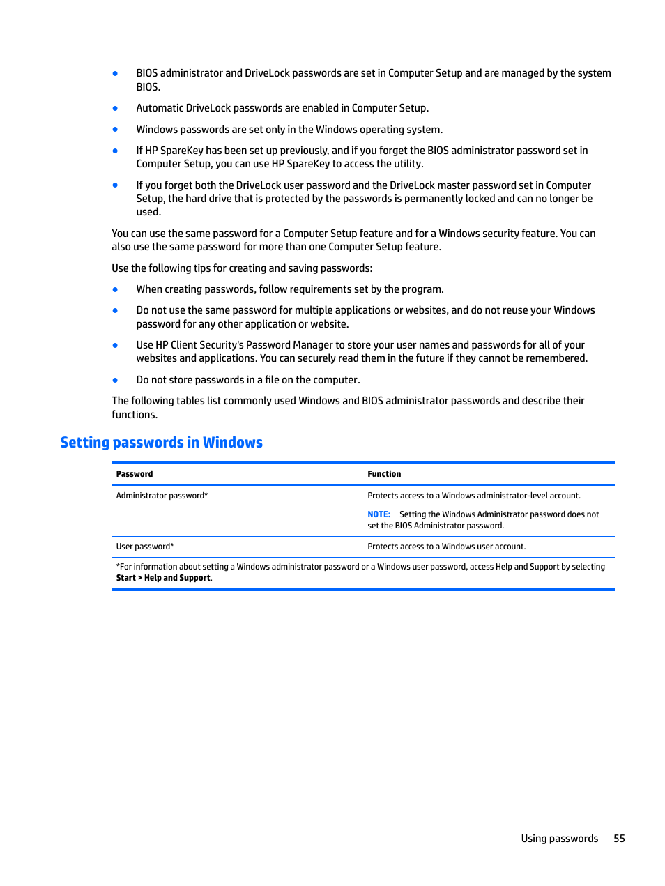Setting passwords in windows | HP EliteBook 840 G3 User Manual | Page 65 / 100
