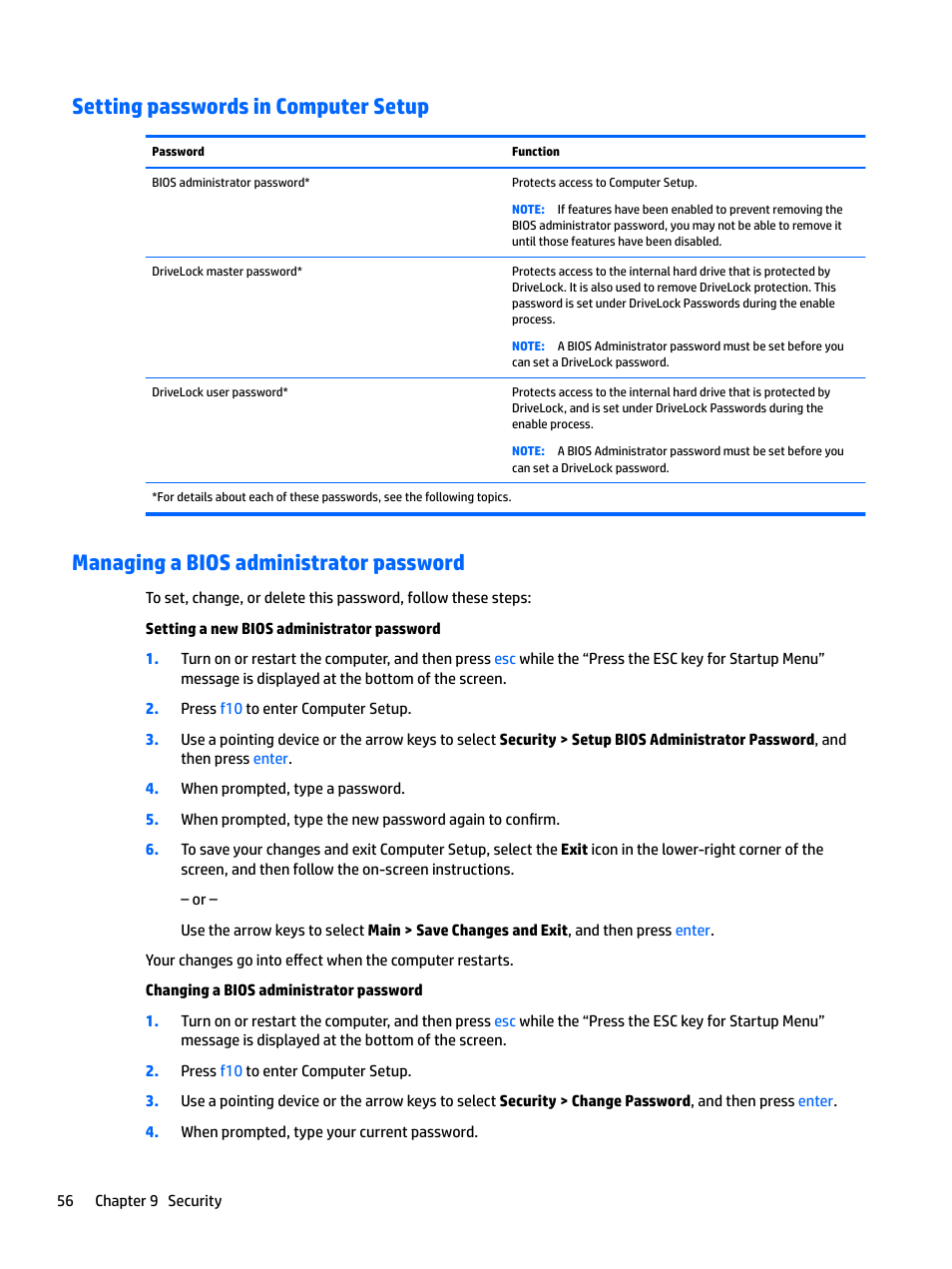 Setting passwords in computer setup, Managing a bios administrator password | HP EliteBook 840 G3 User Manual | Page 66 / 100