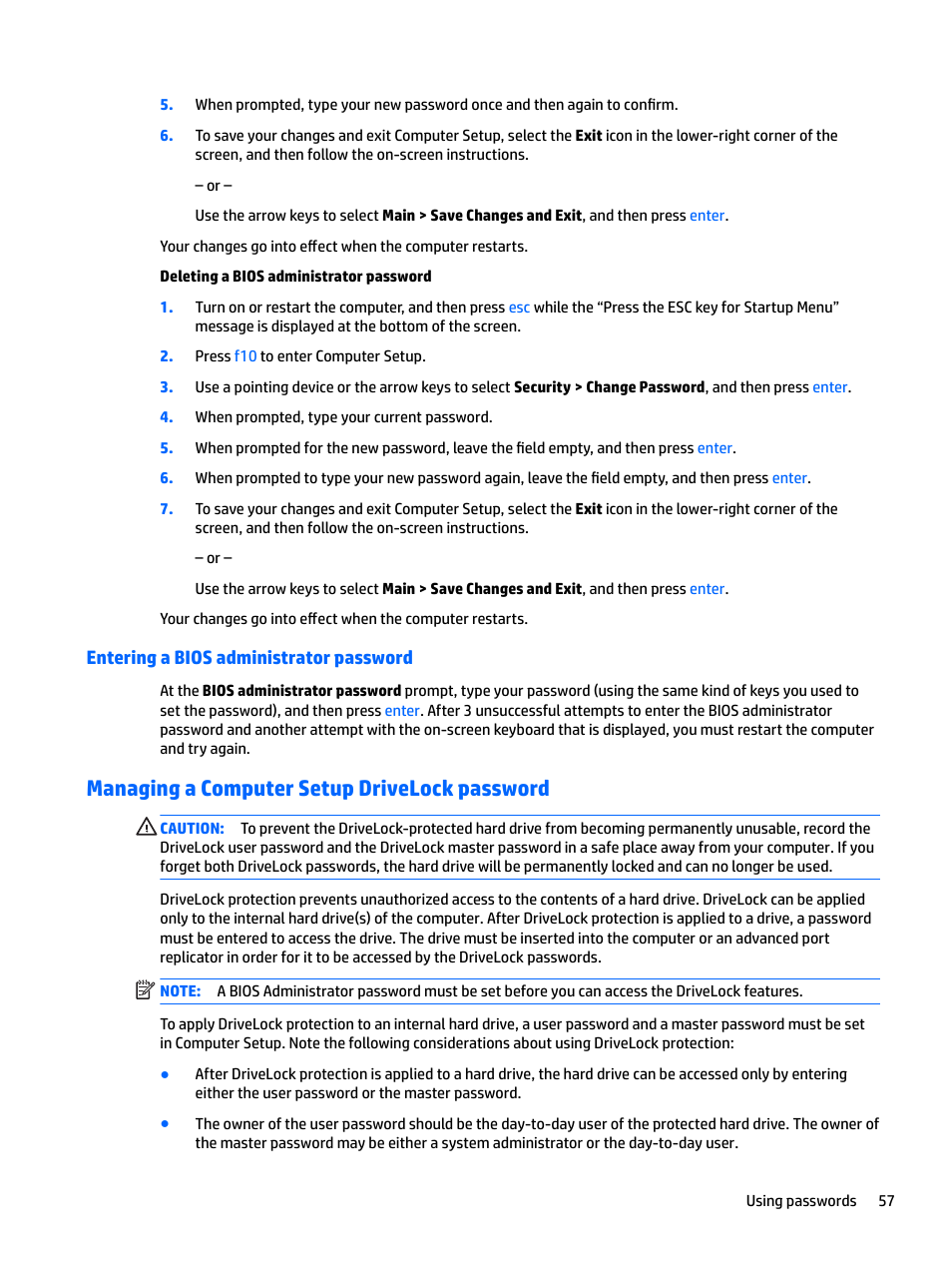 Entering a bios administrator password, Managing a computer setup drivelock password | HP EliteBook 840 G3 User Manual | Page 67 / 100