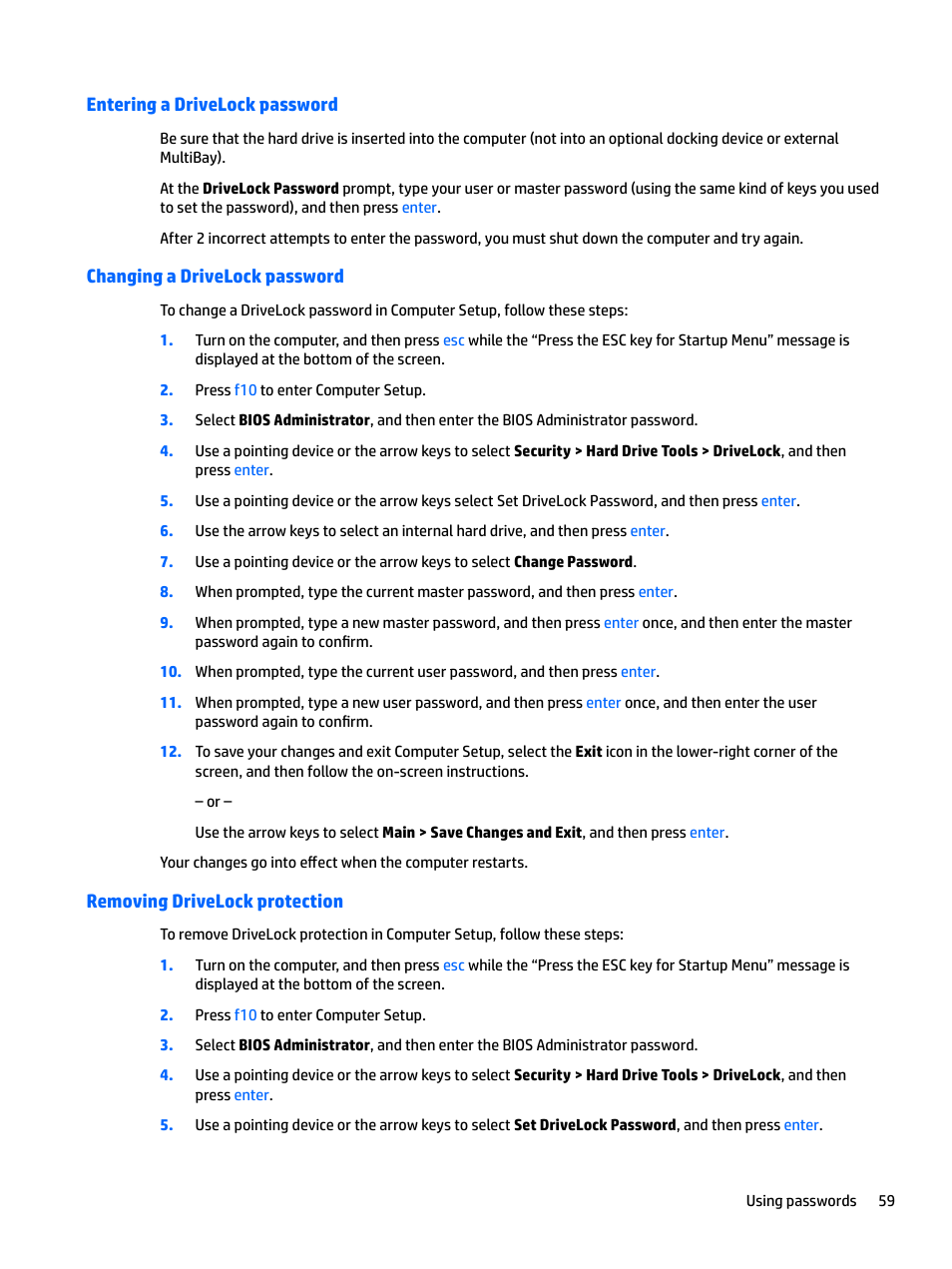 Entering a drivelock password, Changing a drivelock password, Removing drivelock protection | HP EliteBook 840 G3 User Manual | Page 69 / 100