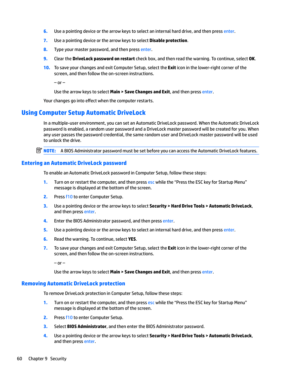 Using computer setup automatic drivelock, Entering an automatic drivelock password, Removing automatic drivelock protection | HP EliteBook 840 G3 User Manual | Page 70 / 100
