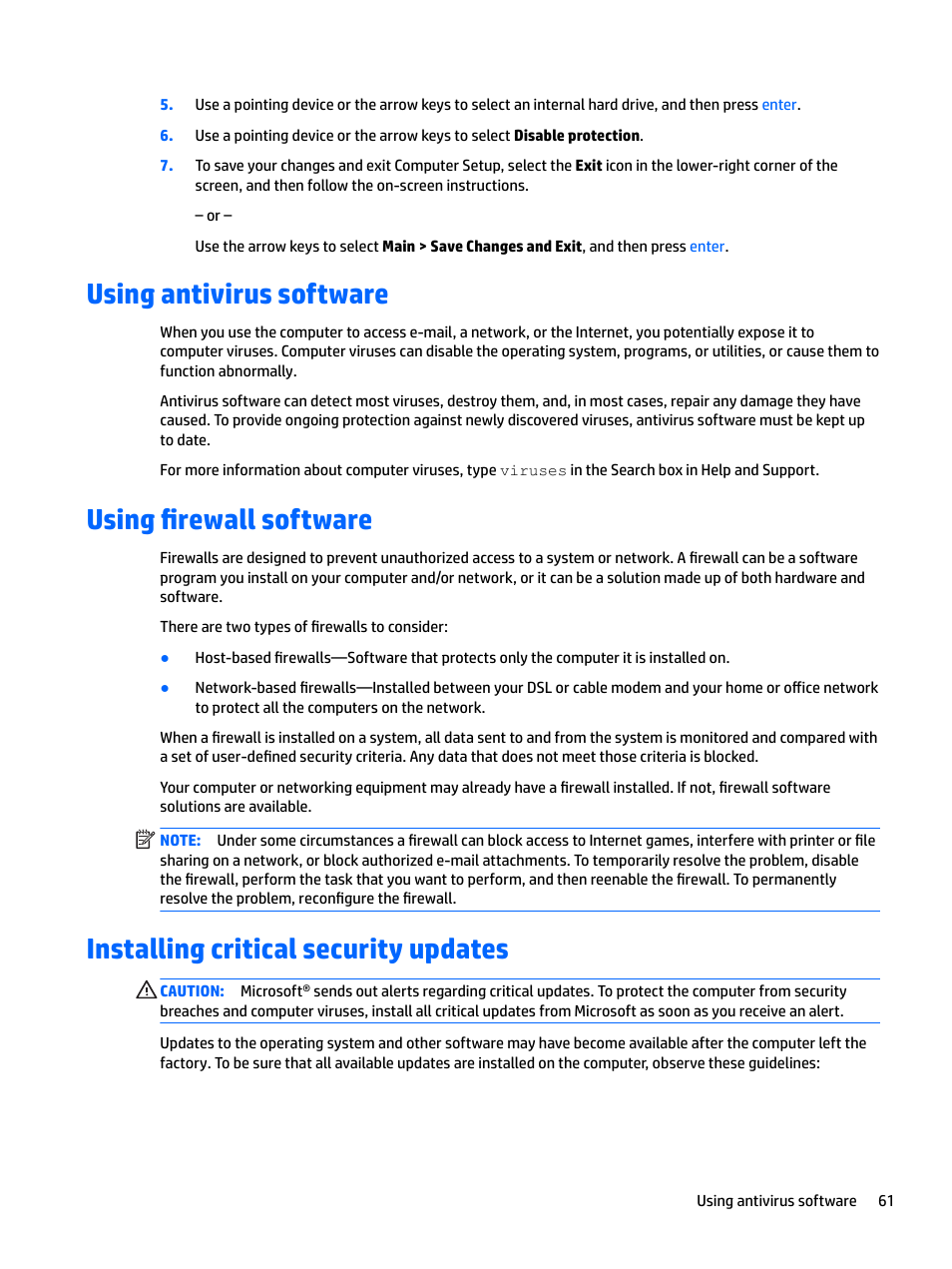 Using antivirus software, Using firewall software, Installing critical security updates | HP EliteBook 840 G3 User Manual | Page 71 / 100