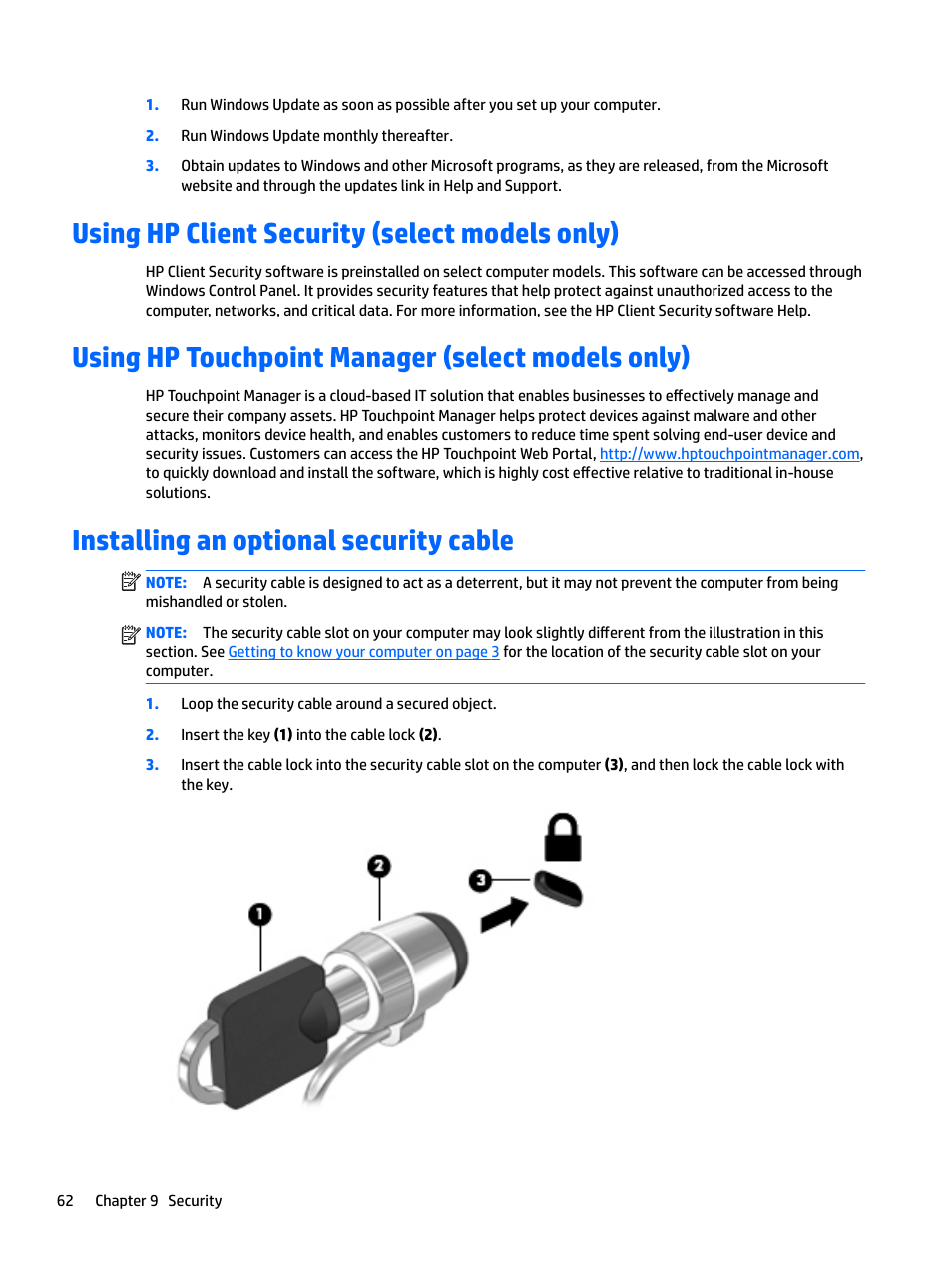 Using hp client security (select models only), Using hp touchpoint manager (select models only), Installing an optional security cable | HP EliteBook 840 G3 User Manual | Page 72 / 100