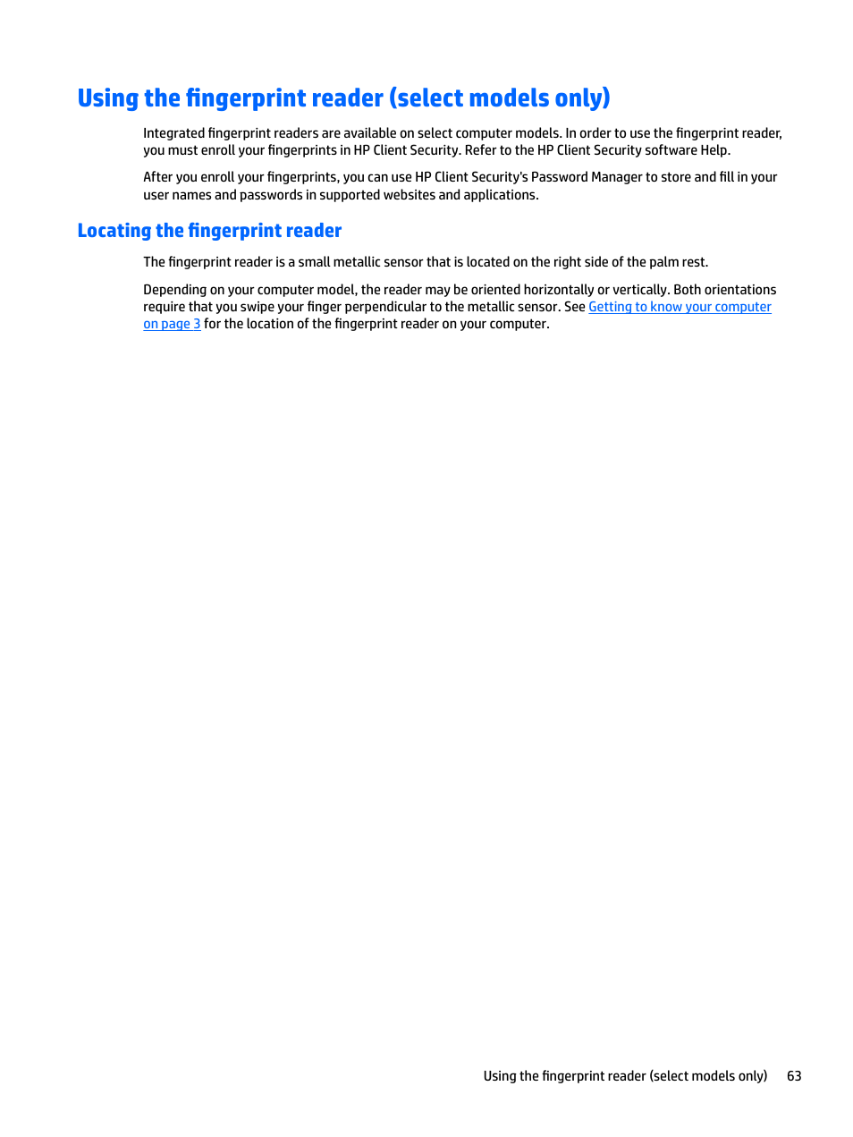 Using the fingerprint reader (select models only), Locating the fingerprint reader | HP EliteBook 840 G3 User Manual | Page 73 / 100