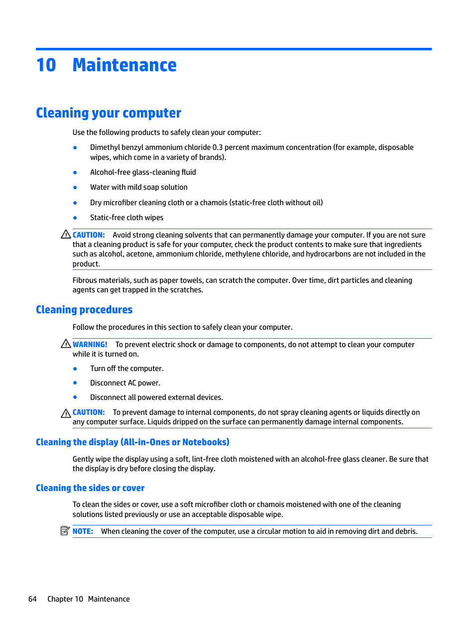 Maintenance, Cleaning your computer, Cleaning procedures | Cleaning the display (all-in-ones or notebooks), Cleaning the sides or cover, 10 maintenance | HP EliteBook 840 G3 User Manual | Page 74 / 100