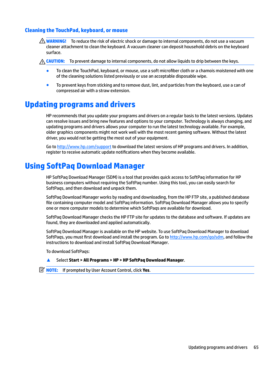 Cleaning the touchpad, keyboard, or mouse, Updating programs and drivers, Using softpaq download manager | HP EliteBook 840 G3 User Manual | Page 75 / 100