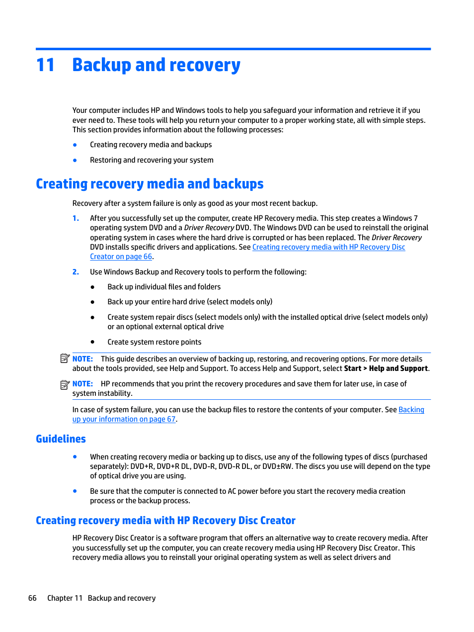 Backup and recovery, Creating recovery media and backups, Guidelines | 11 backup and recovery, E. see | HP EliteBook 840 G3 User Manual | Page 76 / 100