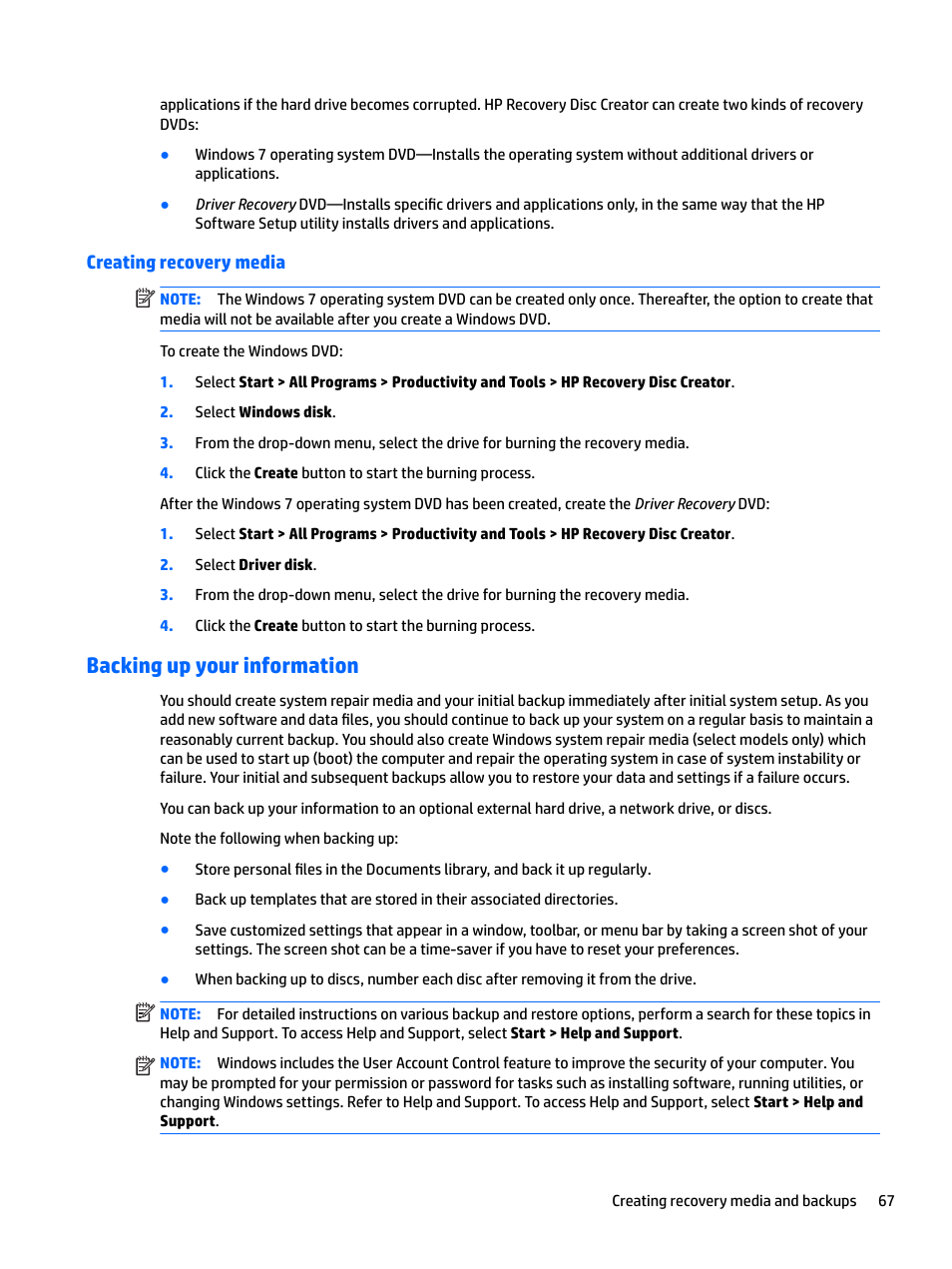 Creating recovery media, Backing up your information, Er. see | Backing | HP EliteBook 840 G3 User Manual | Page 77 / 100