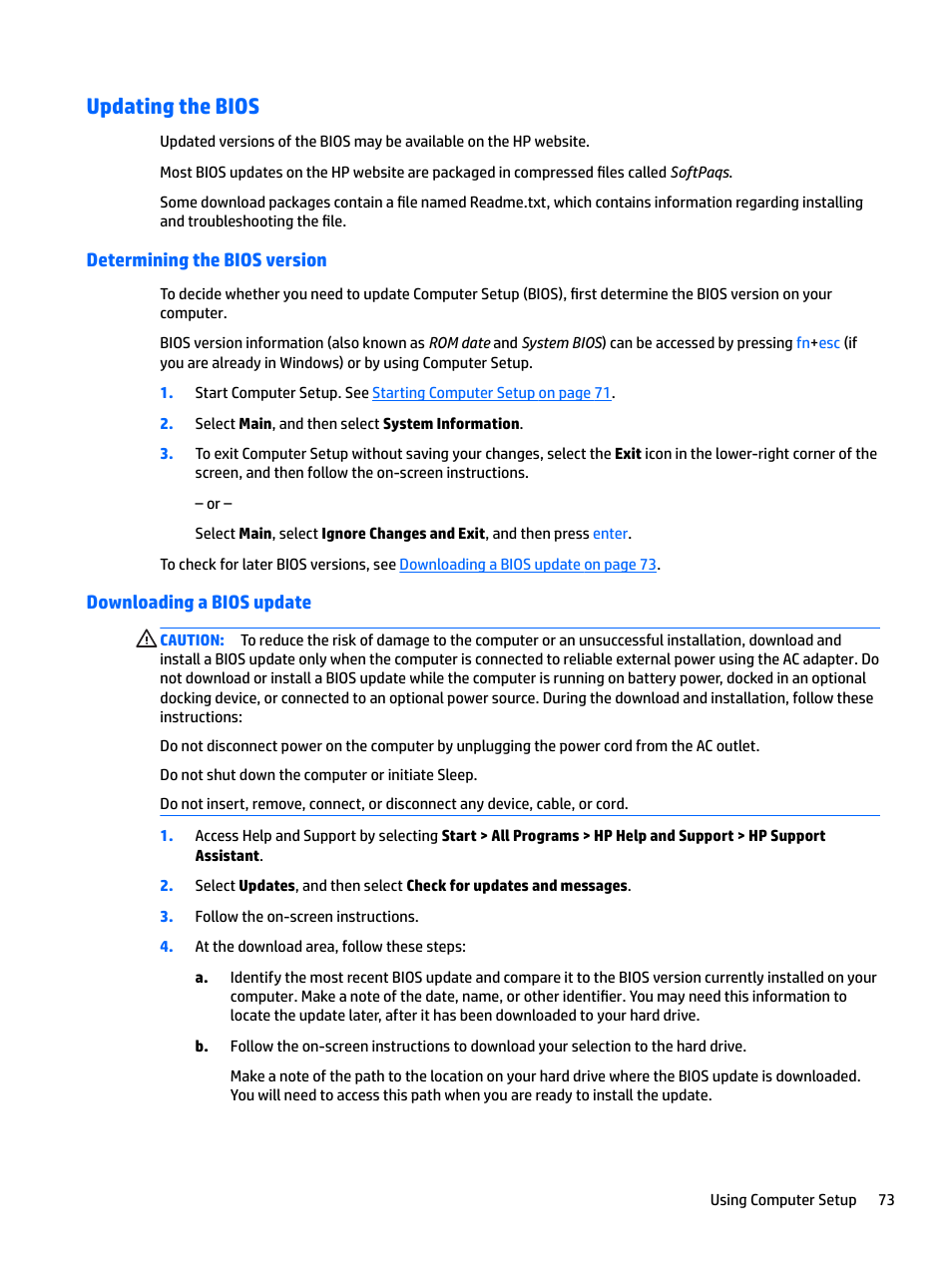 Updating the bios, Determining the bios version, Downloading a bios update | HP EliteBook 840 G3 User Manual | Page 83 / 100