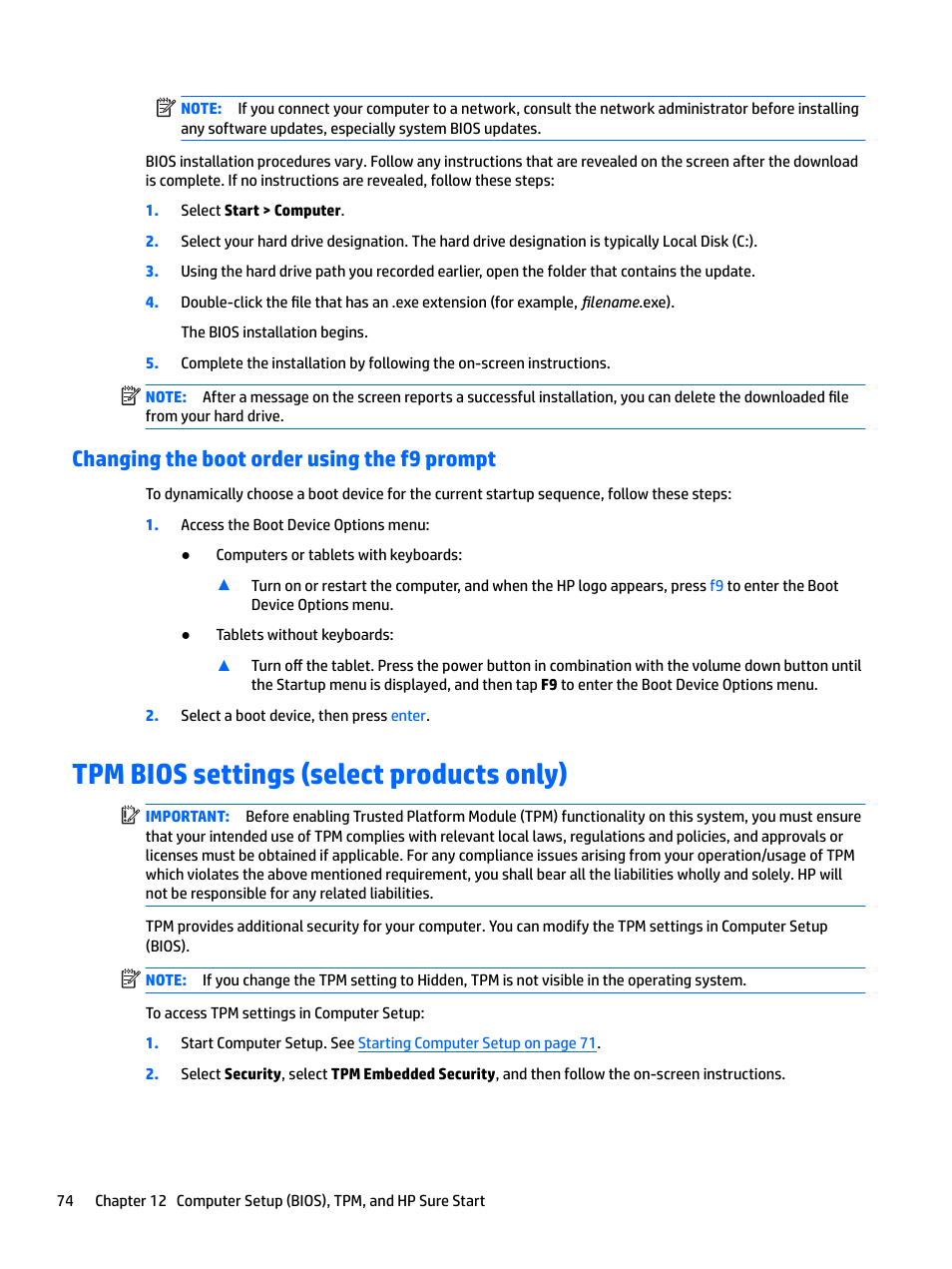 Changing the boot order using the f9 prompt, Tpm bios settings (select products only) | HP EliteBook 840 G3 User Manual | Page 84 / 100